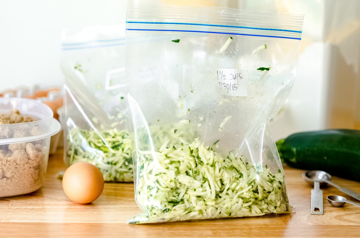 shredded zucchini in a bag ready to freeze