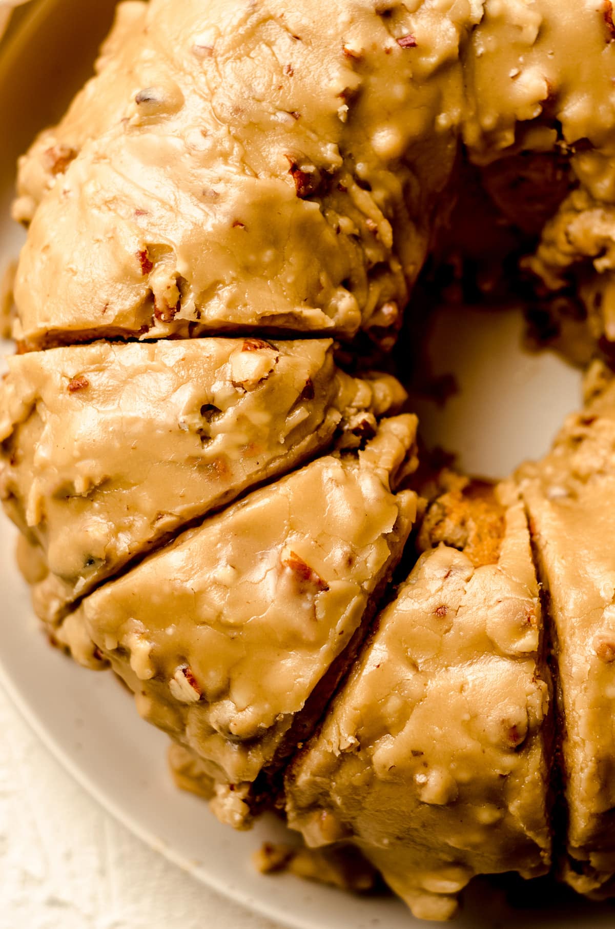 aerial photo of sliced bananas foster cake