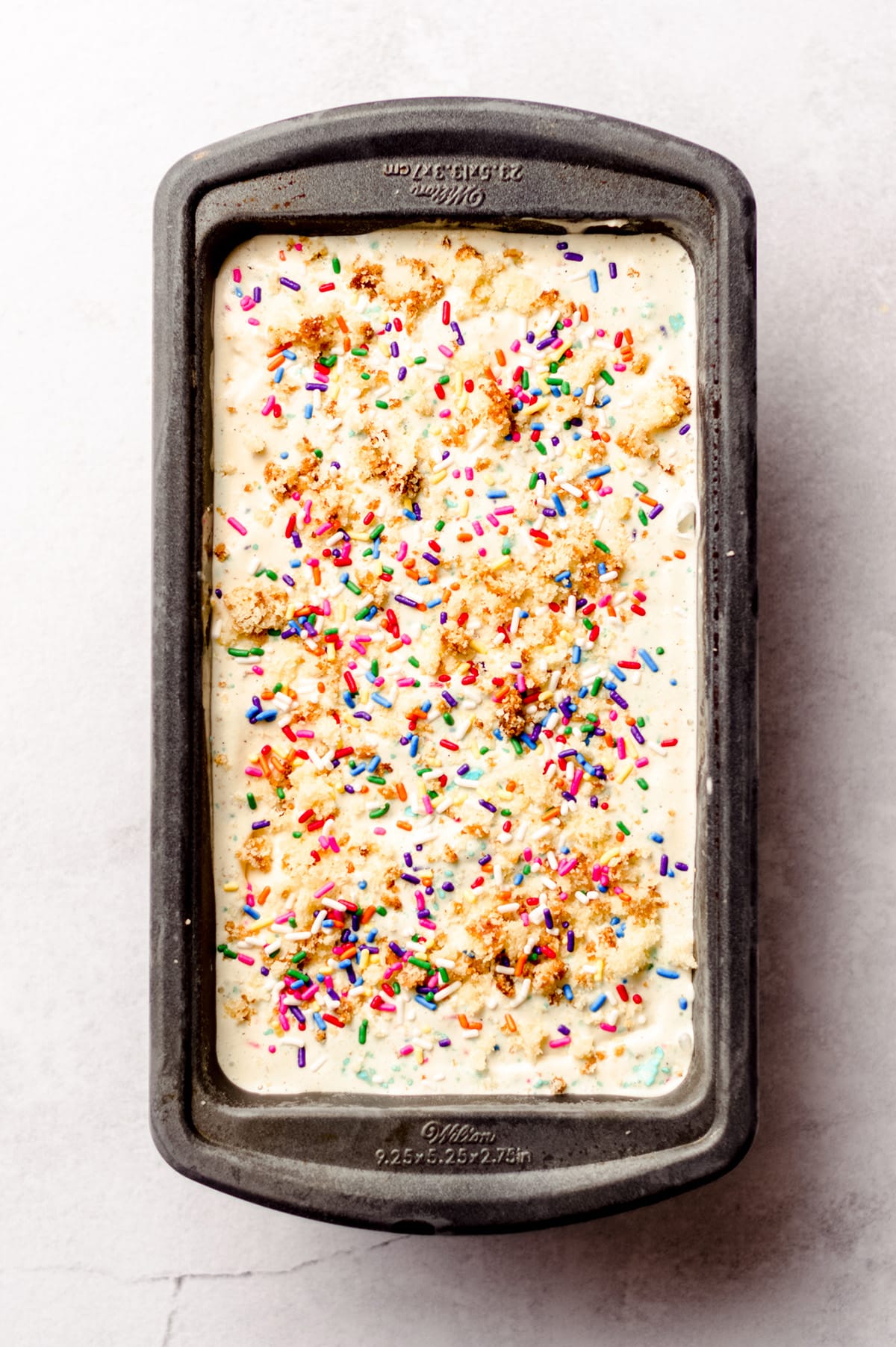 aerial photo of birthday cake ice cream in a loaf pan