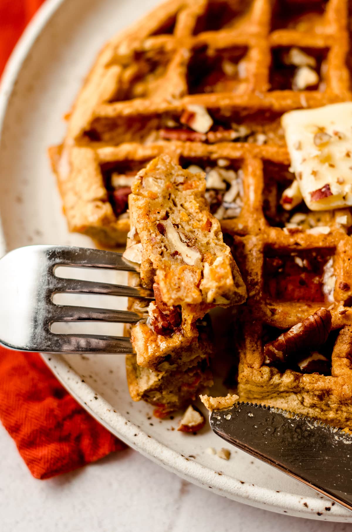 carrot cake waffle with a fork
