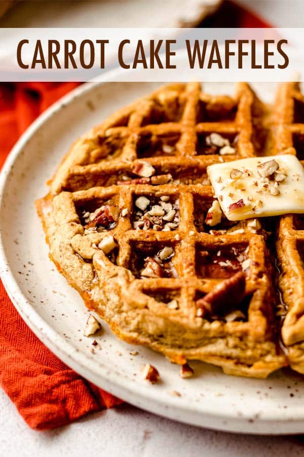 Soft and fluffy homemade carrot cake waffles filled with shredded carrots, warm spices, and crunchy nuts. A non-traditional way to get your waffle fix with a lighter take on the ingredient list. via @frshaprilflours