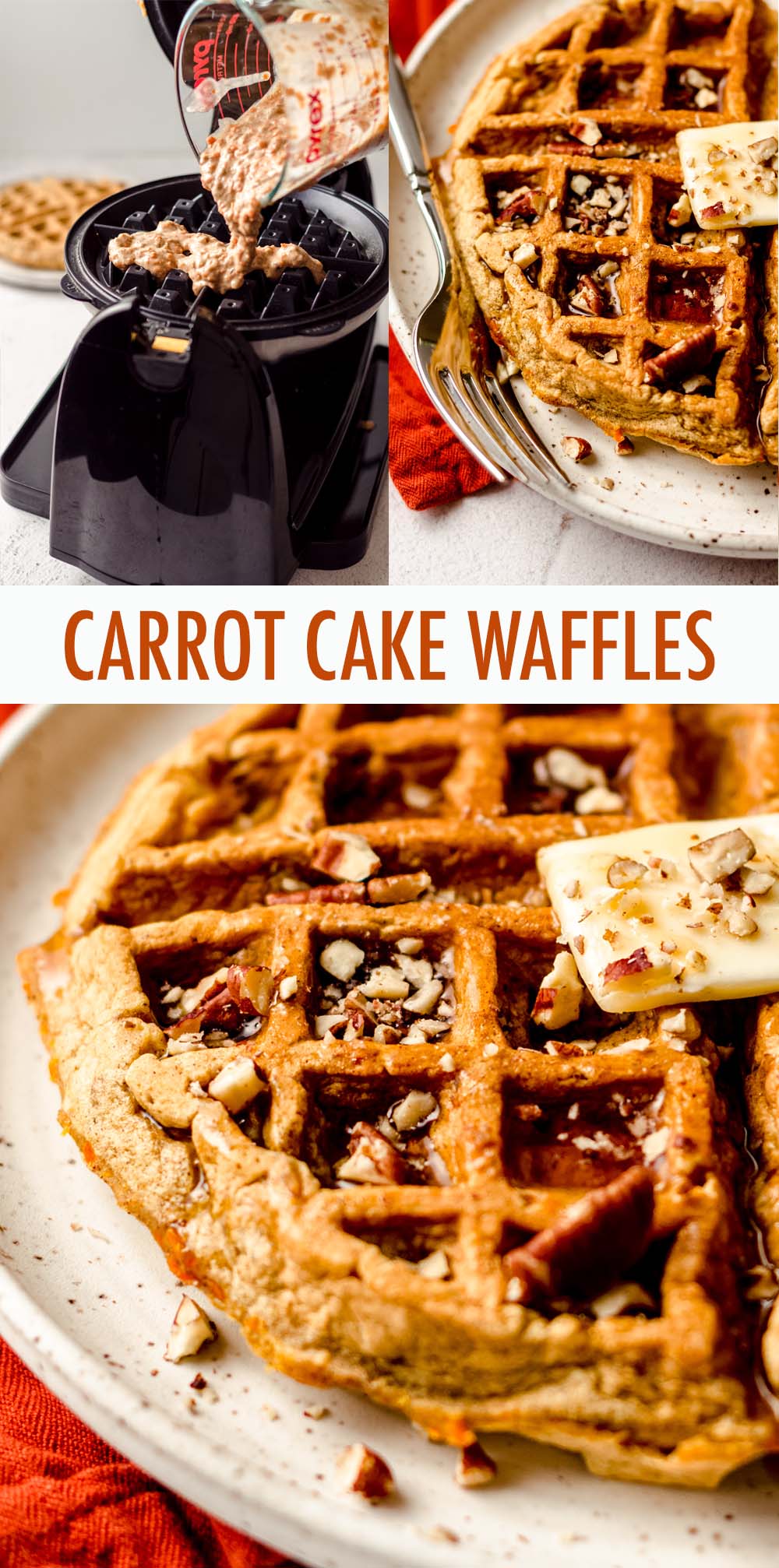Soft and fluffy homemade carrot cake waffles filled with shredded carrots, warm spices, and crunchy nuts. A non-traditional way to get your waffle fix with a lighter take on the ingredient list. via @frshaprilflours