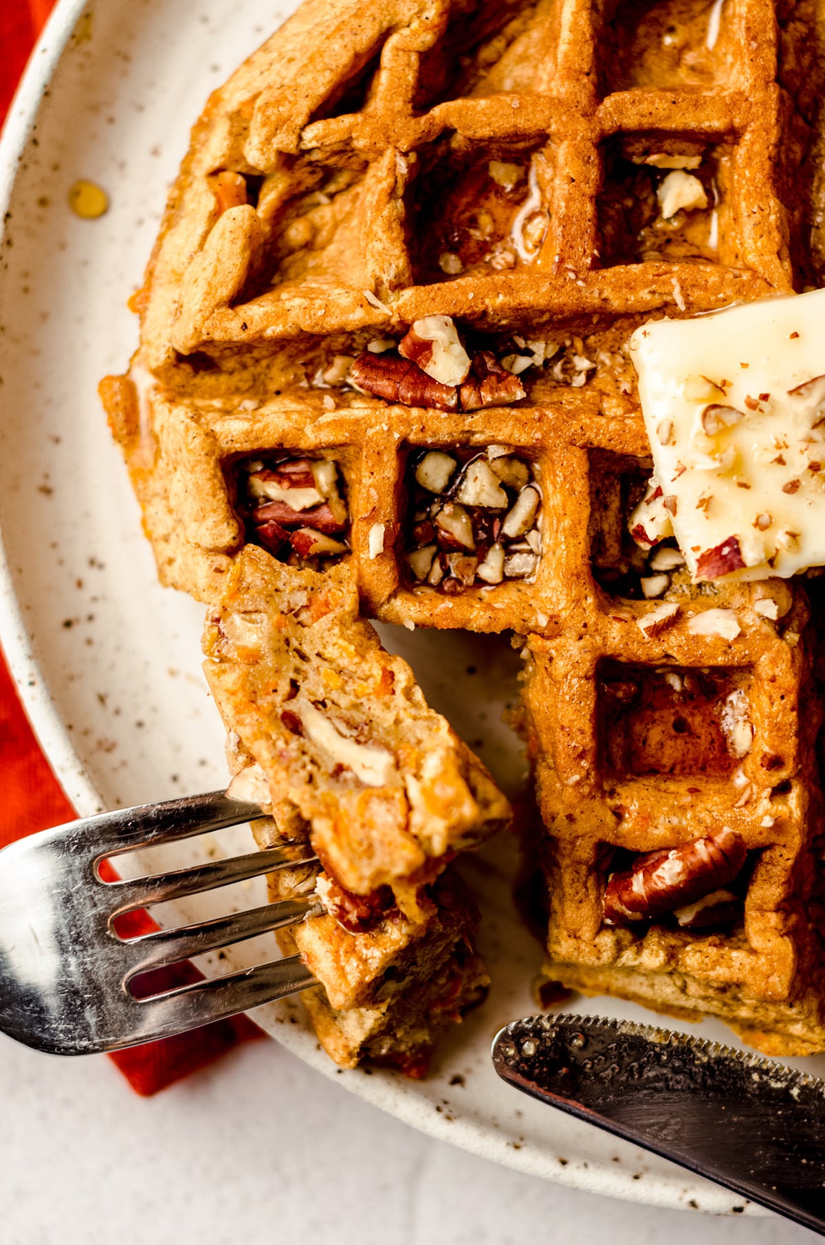 carrot cake waffle with a fork