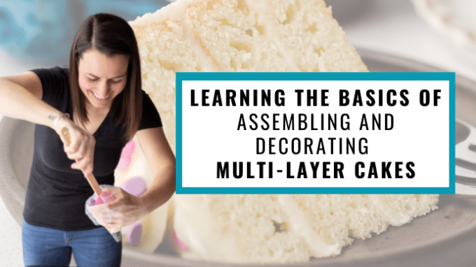 cover photo for skillshare video about learning the basics of assembling and decorating a multi-layer cake