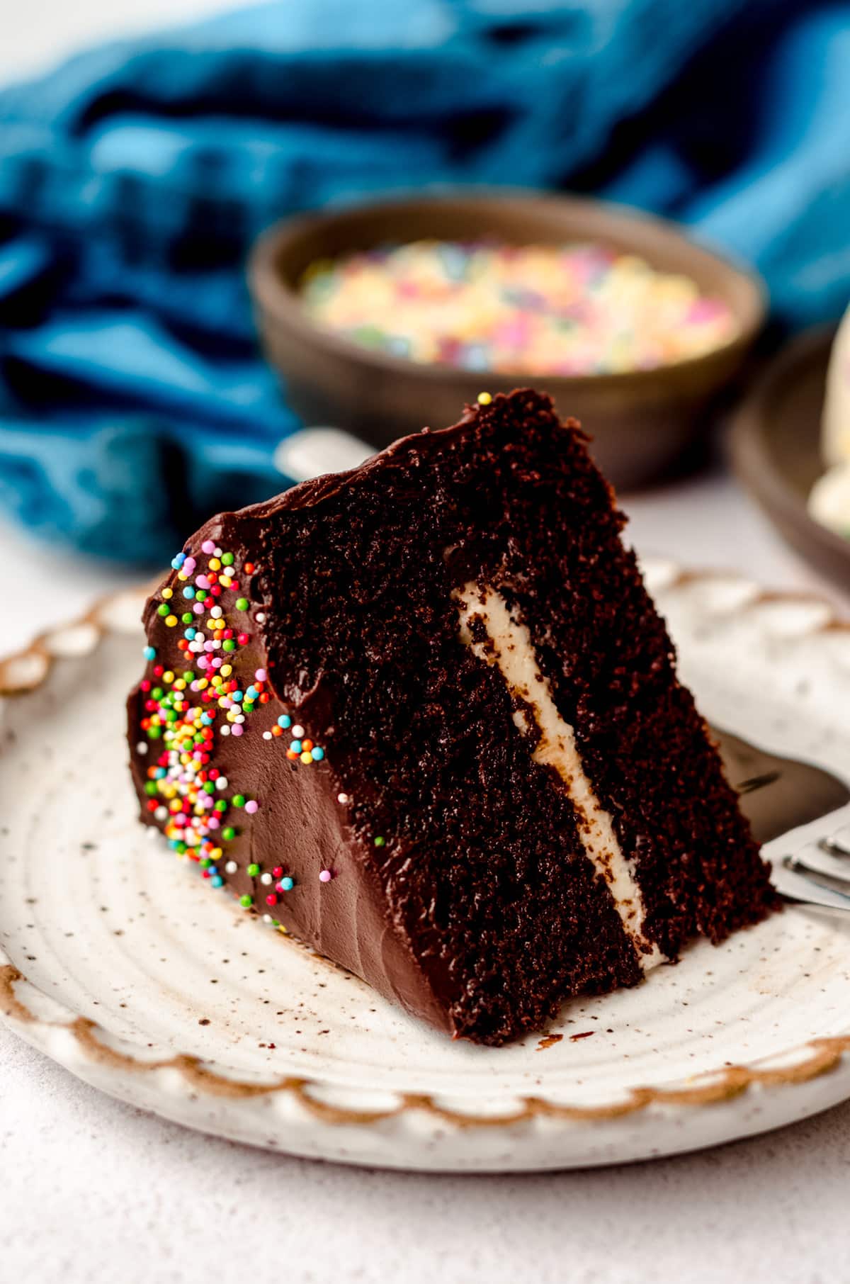 a slice of chocolate cake on a plate