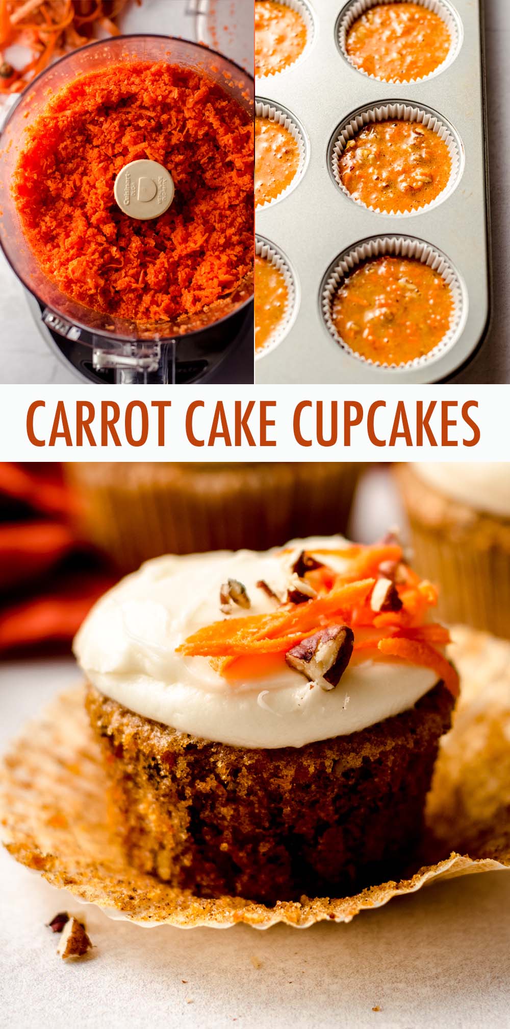 Wonderfully moist and flavorful carrot cake cupcakes filled with crunchy chopped nuts and topped with a smooth and creamy cream cheese frosting. via @frshaprilflours