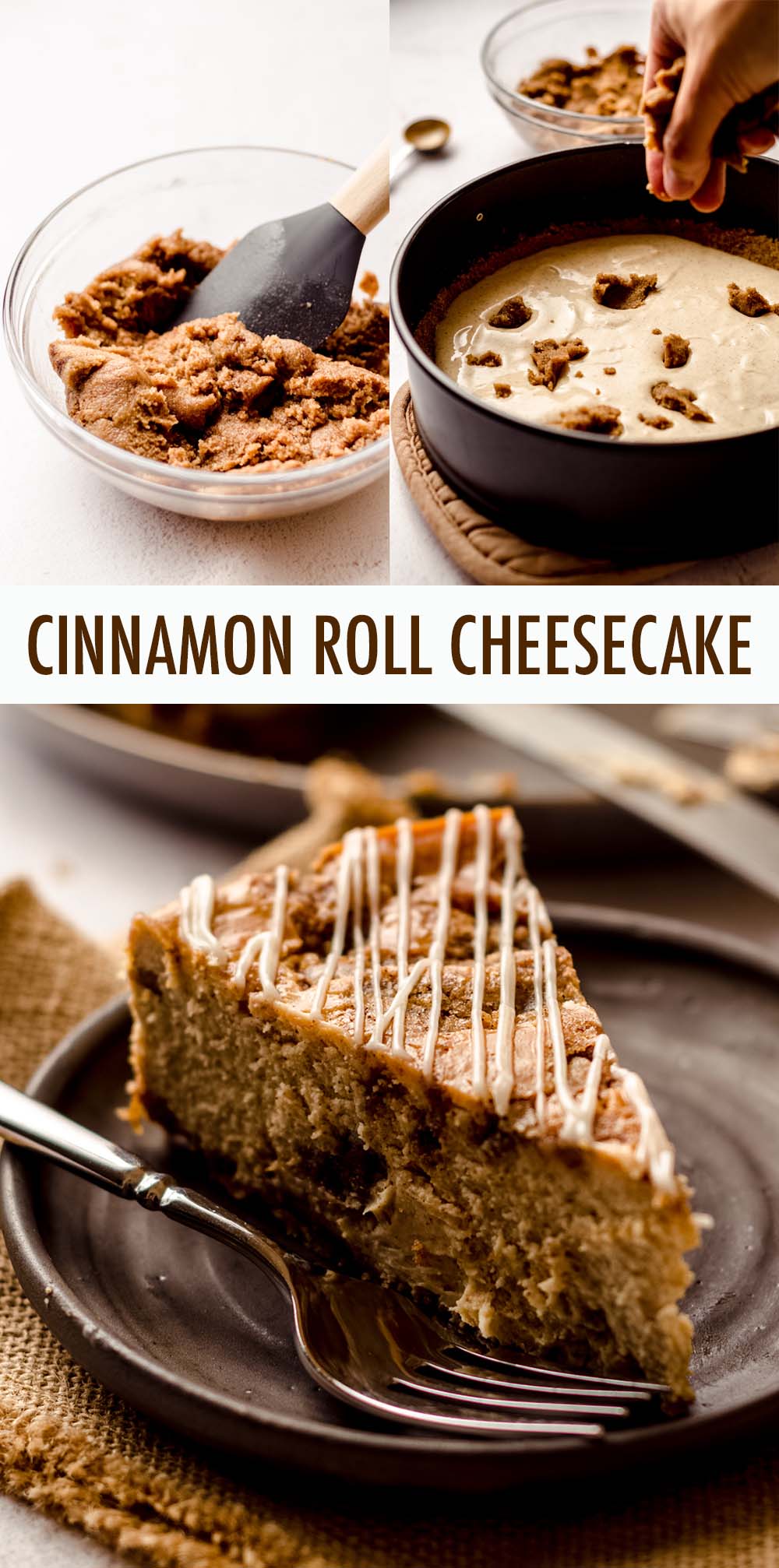 Cinnamon spiced cheesecake studded with chunks of cinnamon filling and topped with a cream cheese frosting drizzle. via @frshaprilflours