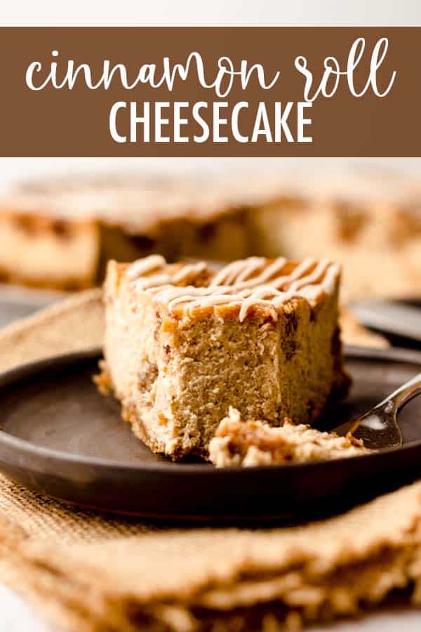 Cinnamon spiced cheesecake studded with chunks of cinnamon filling and topped with a cream cheese frosting drizzle. via @frshaprilflours