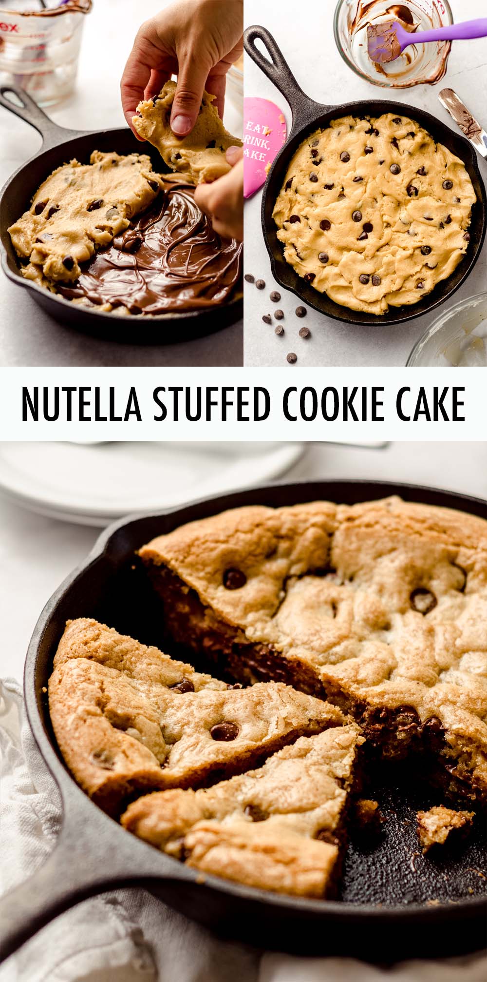 This Nutella stuffed chocolate chip cookie cake is baked in a skillet so you can dig in with some spoons and ice cream or cut it into gooey slices of plated cookie cake. However you serve it, this epic cookie cake is bound to satisfy any Nutella lover's sweet tooth! via @frshaprilflours