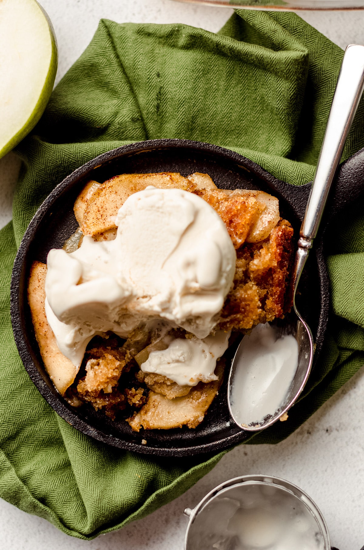 aerial photo of pear cobbler with ice cream on top