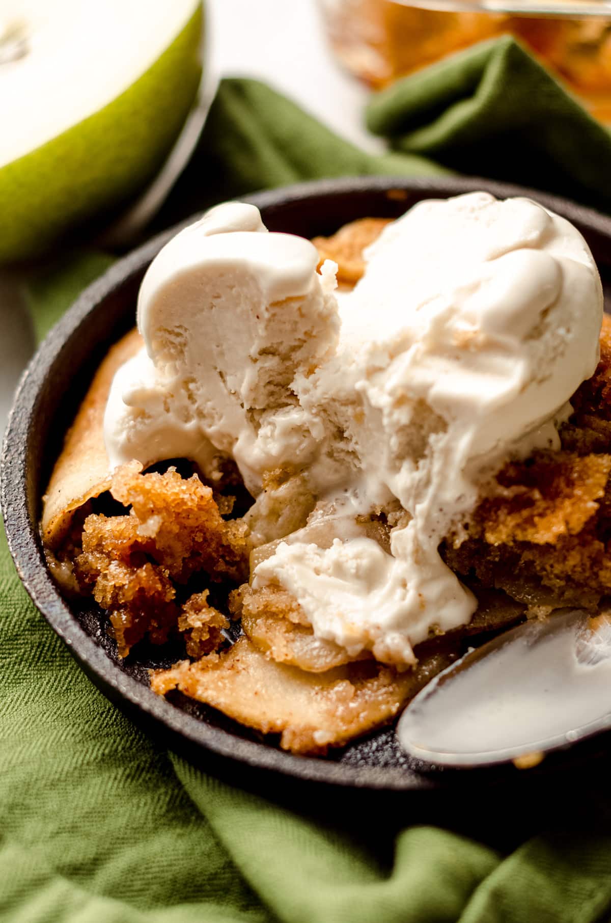 pear cobbler with ice cream on top