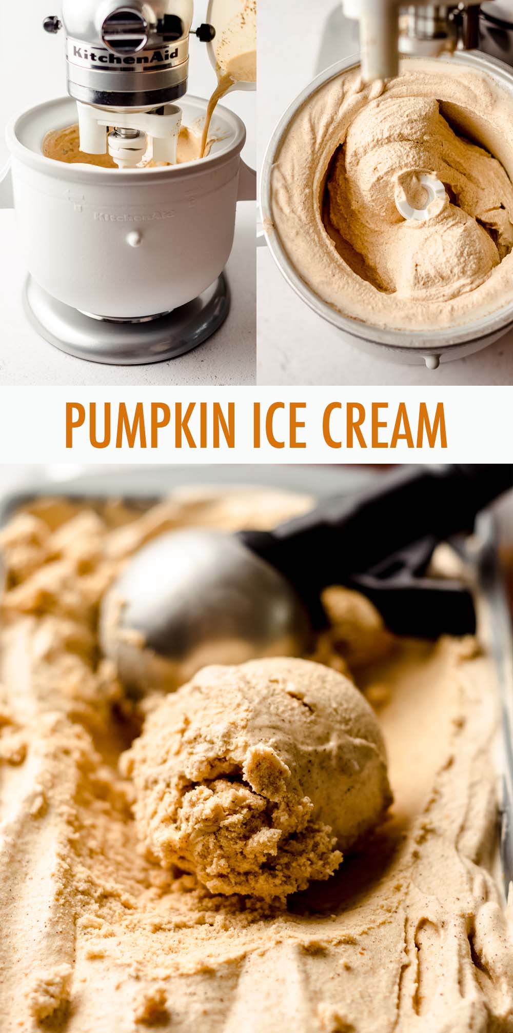 Smooth and creamy homemade ice cream made with real pumpkin, sweetened with brown sugar, and spiced with cinnamon and pumpkin pie spice. Get your pumpkin ice cream fix any time of the year with this simple recipe! via @frshaprilflours