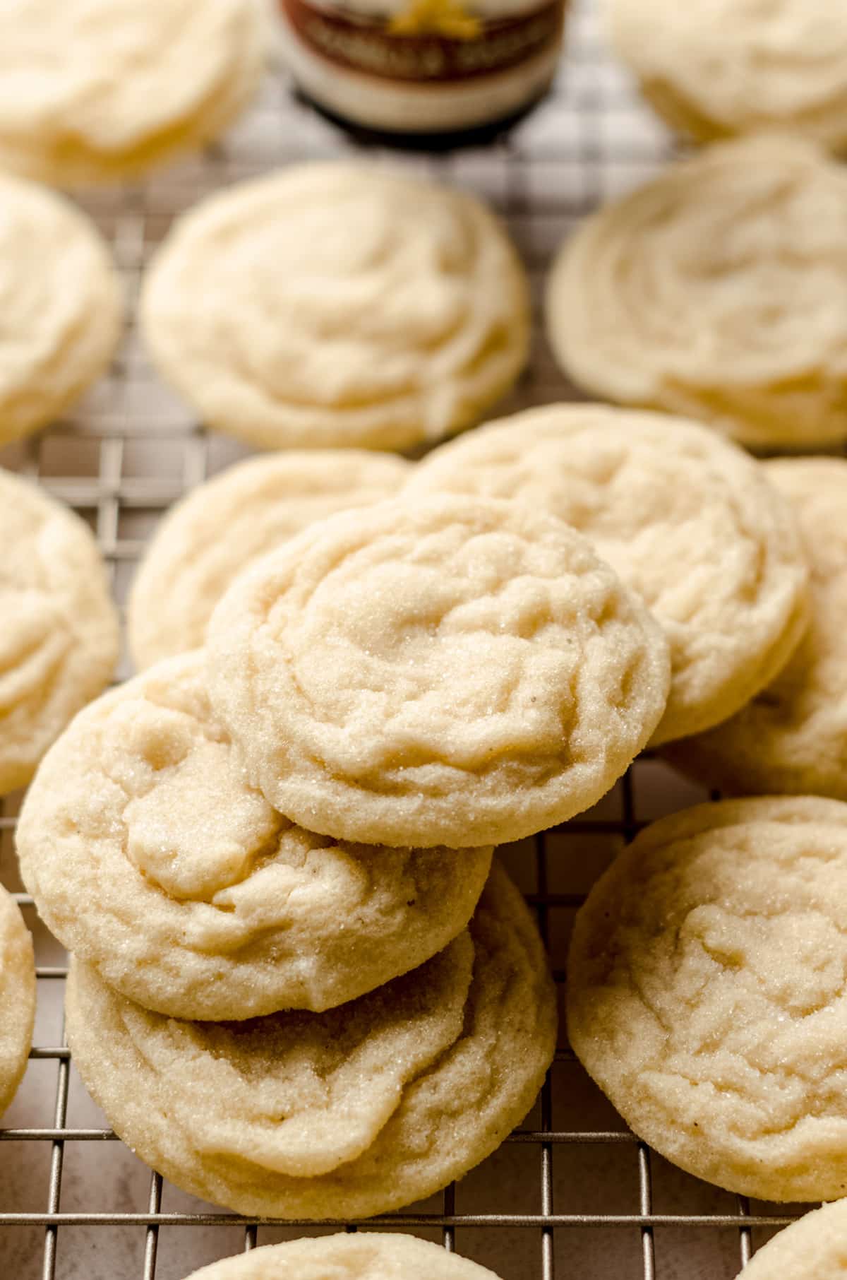 aerial photo of vanilla bean sugar cookies on a cooling rack