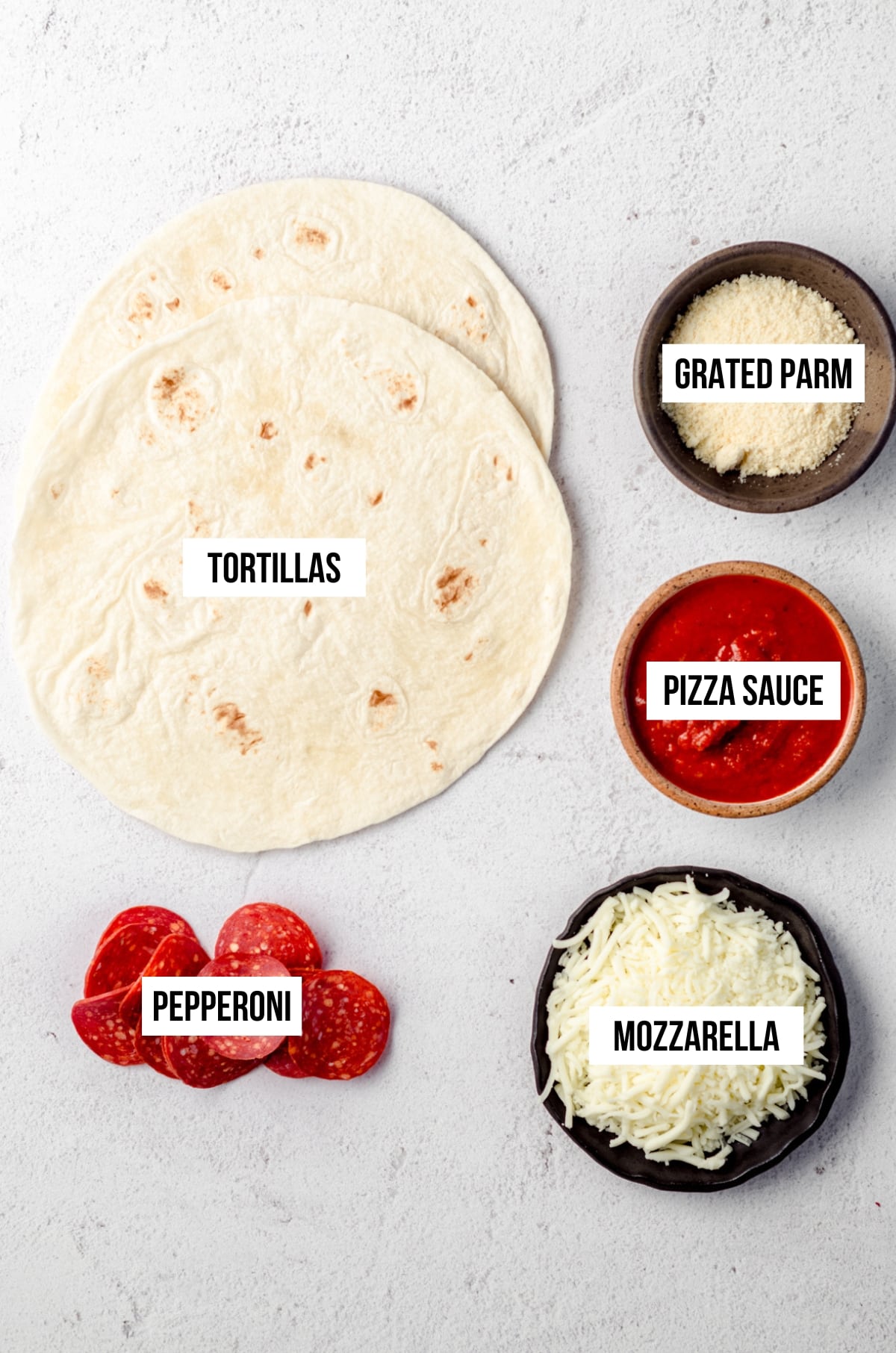 Aerial photo of ingredients to make tortilla pizza with text overlay labeling each ingredient.