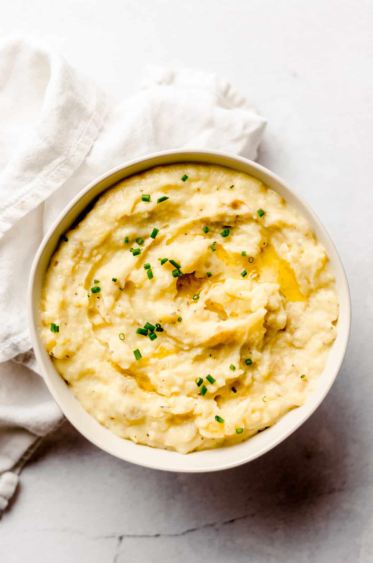 aerial photo of instant pot garlic mashed potatoes in a bowl