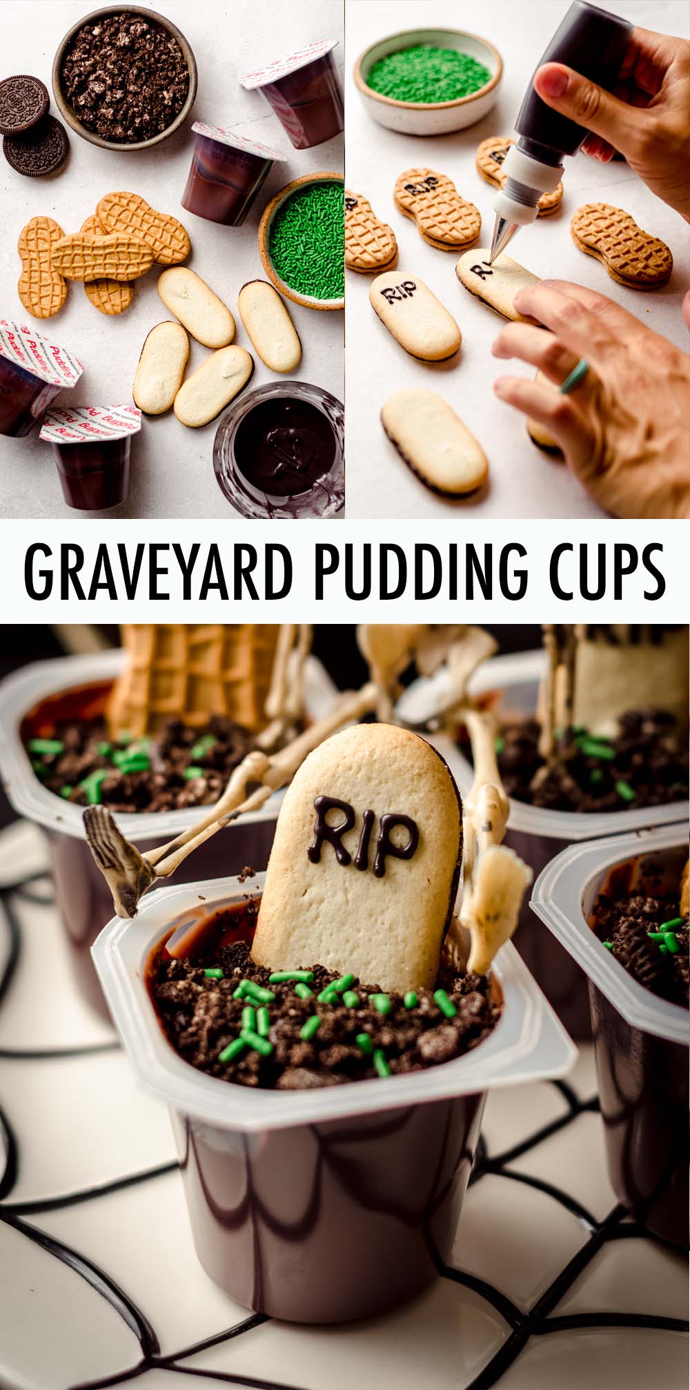 Turn pre-made pudding cups and cookies into cute no-bake Halloween treats fit for any ghost, ghoul, or zombie. Great for kids to make and eat and perfect for your Halloween party spread! via @frshaprilflours