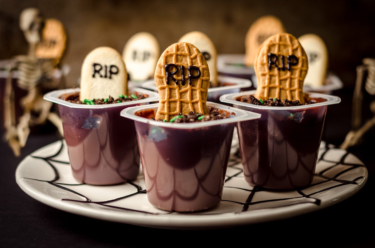 graveyard pudding cups on a plate