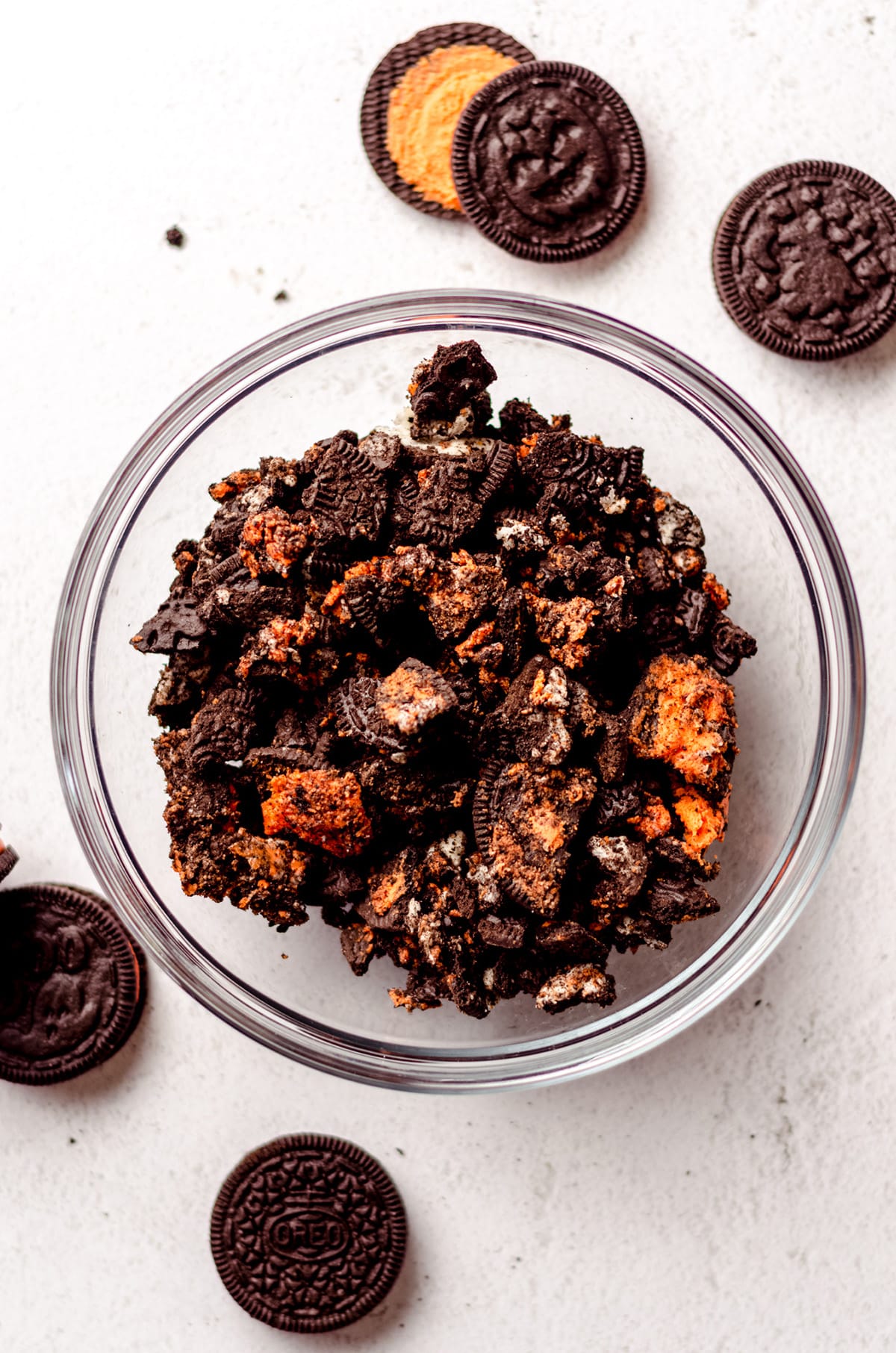 choppred halloween oreos in a bowl