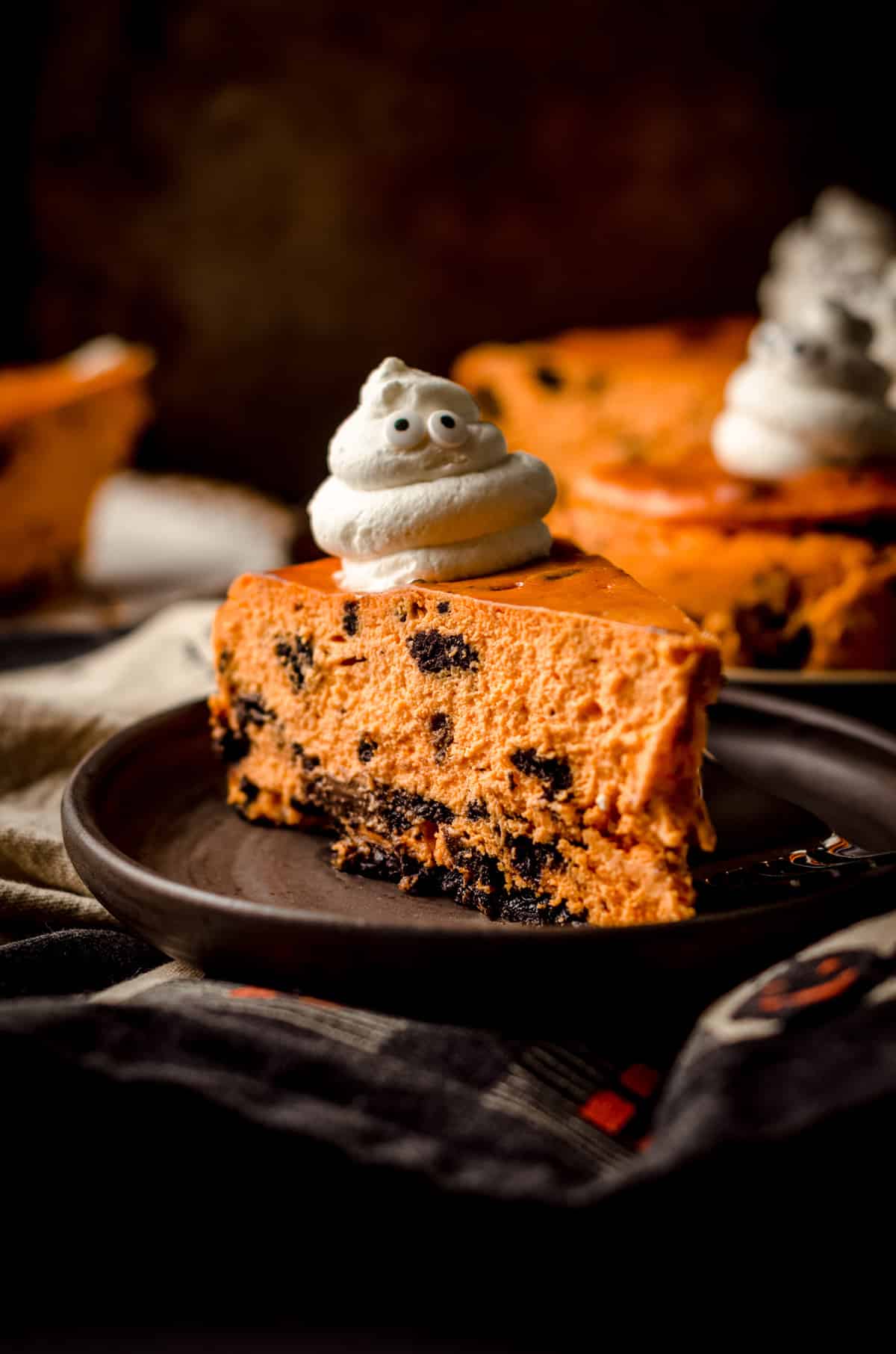 slice of halloween cheesecake on a plate