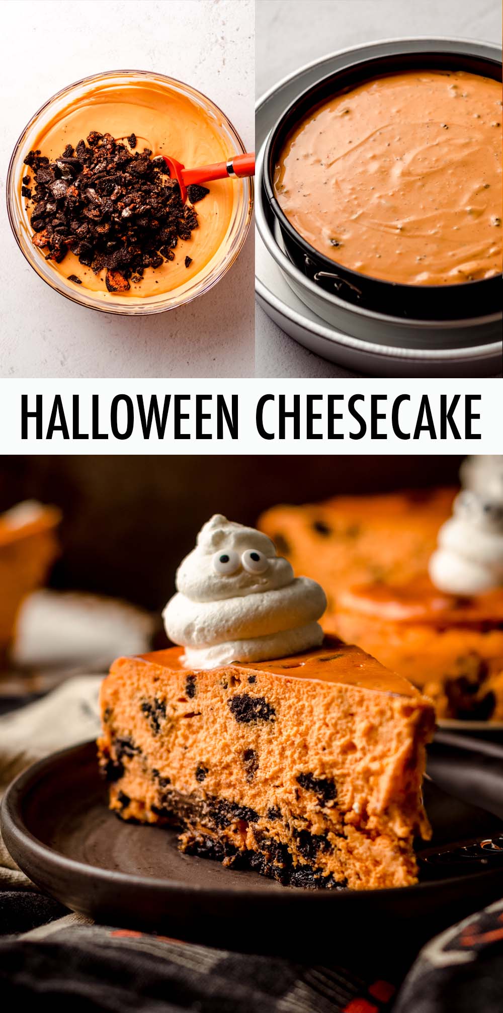 A basic cookies and cream cheesecake tinted orange and filled with chunks of Halloween Oreos, sitting atop a Halloween Oreo crust. Top with adorable whipped cream ghosts for a spooky treat, or use classic Oreos and leave out the orange coloring for a luscious cheesecake variation all year round! via @frshaprilflours