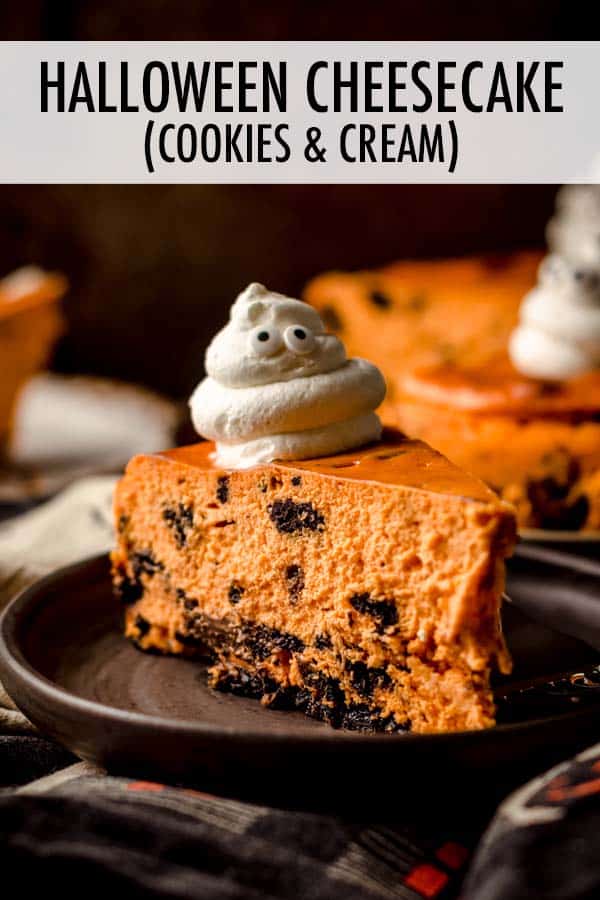 A basic cookies and cream cheesecake tinted orange and filled with chunks of Halloween Oreos, sitting atop a Halloween Oreo crust. Top with adorable whipped cream ghosts for a spooky treat, or use classic Oreos and leave out the orange coloring for a luscious cheesecake variation all year round! via @frshaprilflours