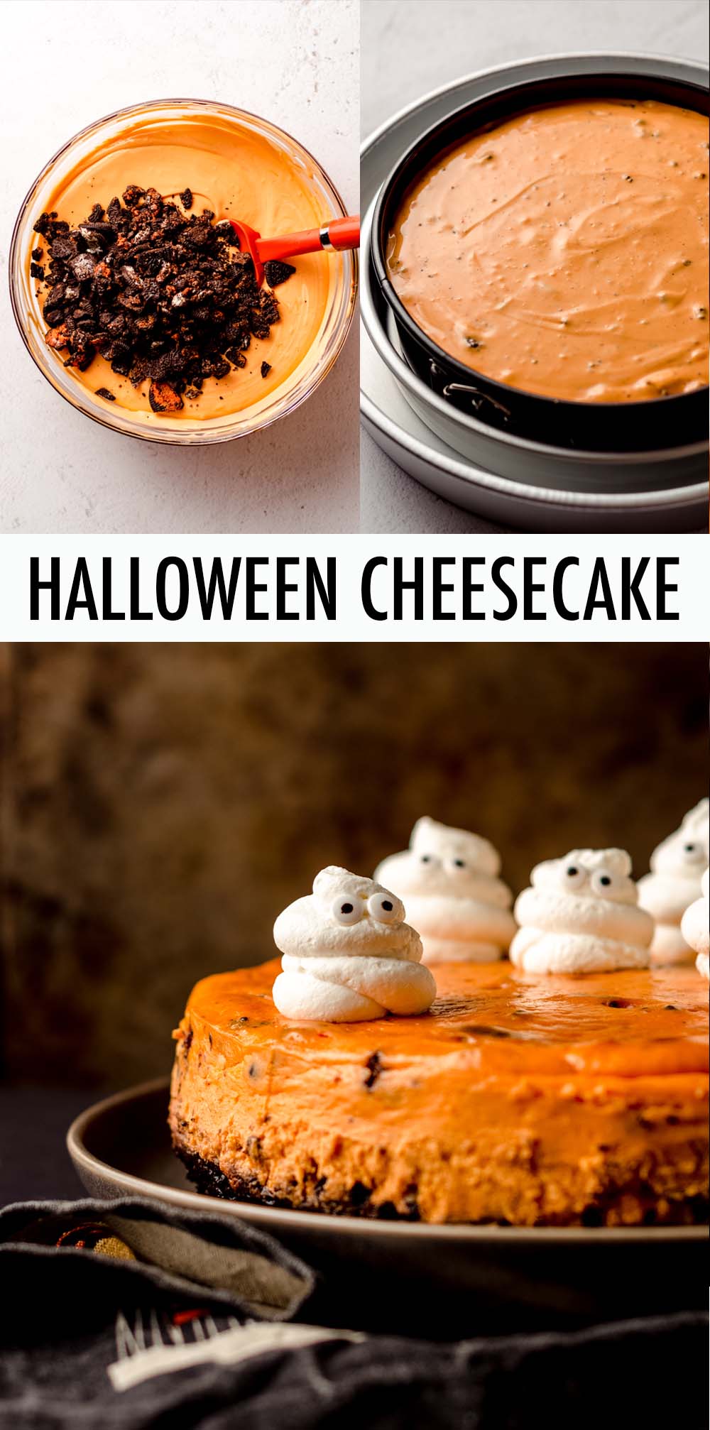 A basic cookies and cream cheesecake tinted orange and filled with chunks of Halloween Oreos, sitting atop a Halloween Oreo crust. Top with adorable whipped cream ghosts for a spooky treat, or use classic Oreos and leave out the orange coloring for a luscious cheesecake variation all year round! via @frshaprilflours