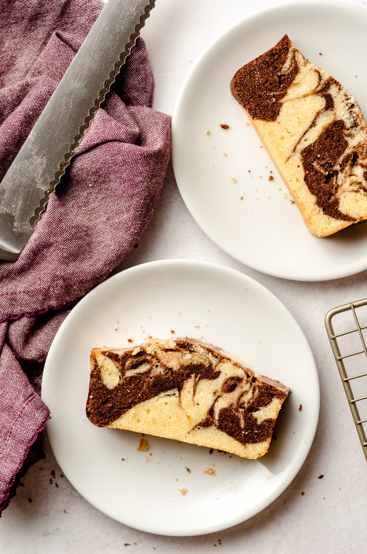 aerial photo of slices of marble pound cake on plates