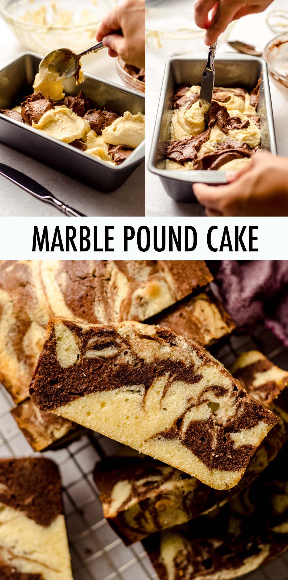 This marble pound cake is buttery and rich with a very tight crumb. The simple base flavor of butter and vanilla is an excellent complementary taste to the slightly bitter chocolate swirled into every bite. via @frshaprilflours