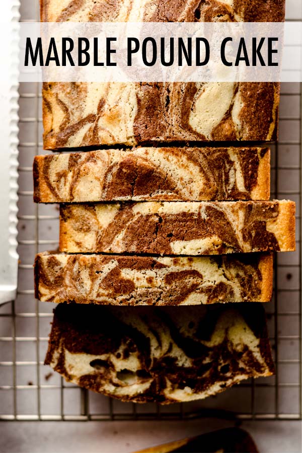 This marble pound cake is buttery and rich with a very tight crumb. The simple base flavor of butter and vanilla is an excellent complementary taste to the slightly bitter chocolate swirled into every bite. via @frshaprilflours
