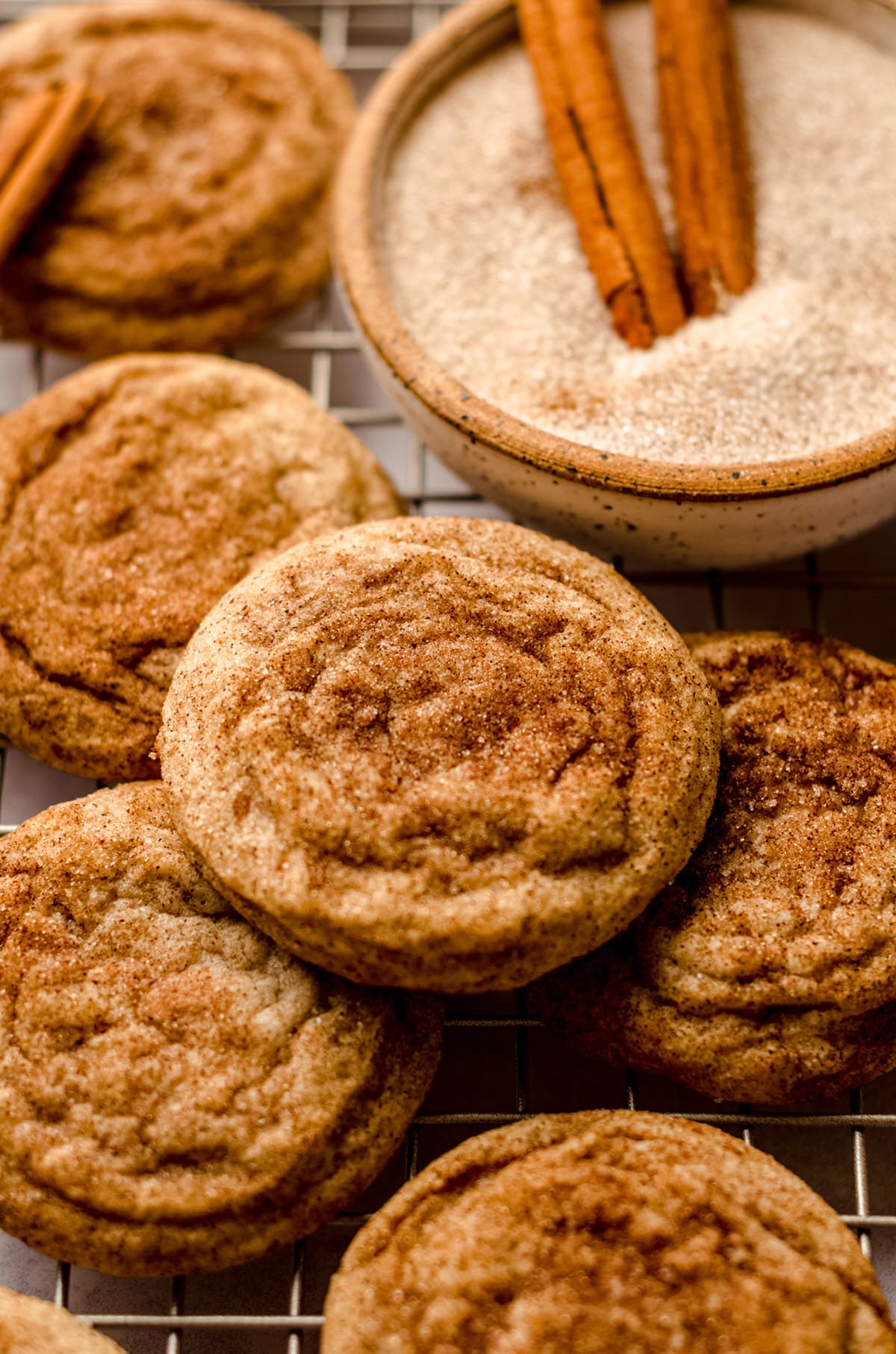 snickerdoodle cookies on a cooling rack