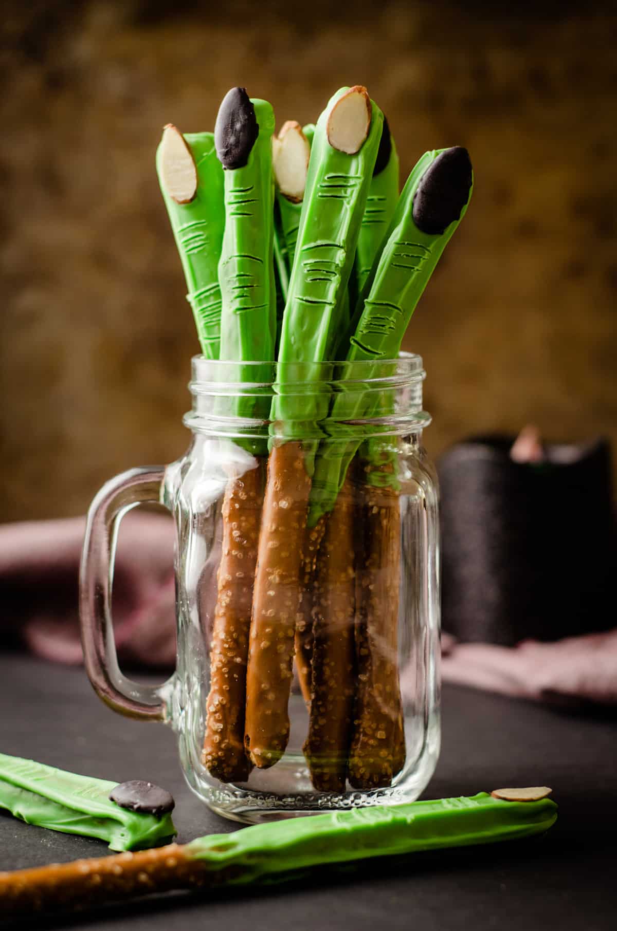 witch finger pretzels in a glass jar