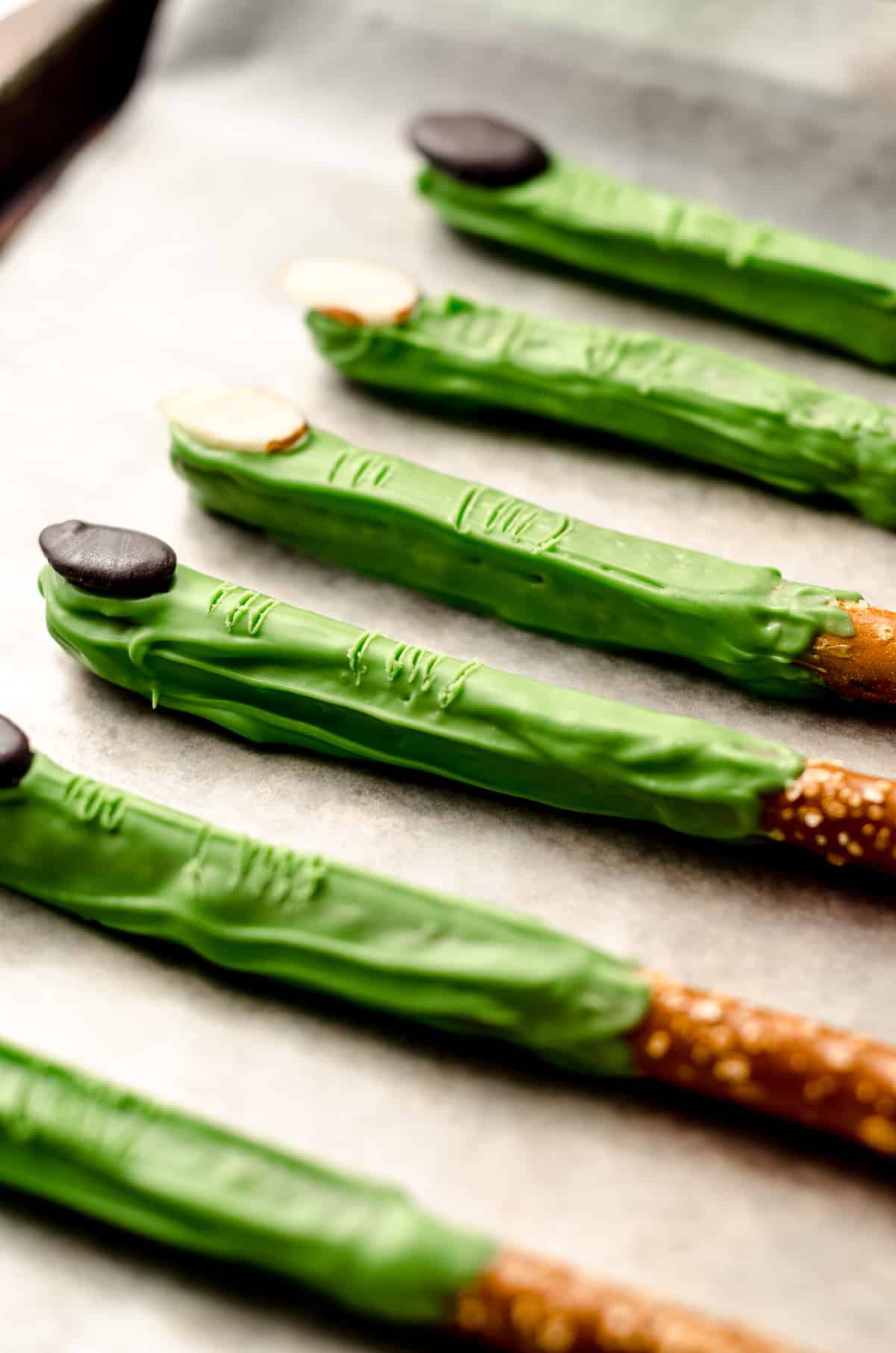 witch finger pretzels on a baking sheet