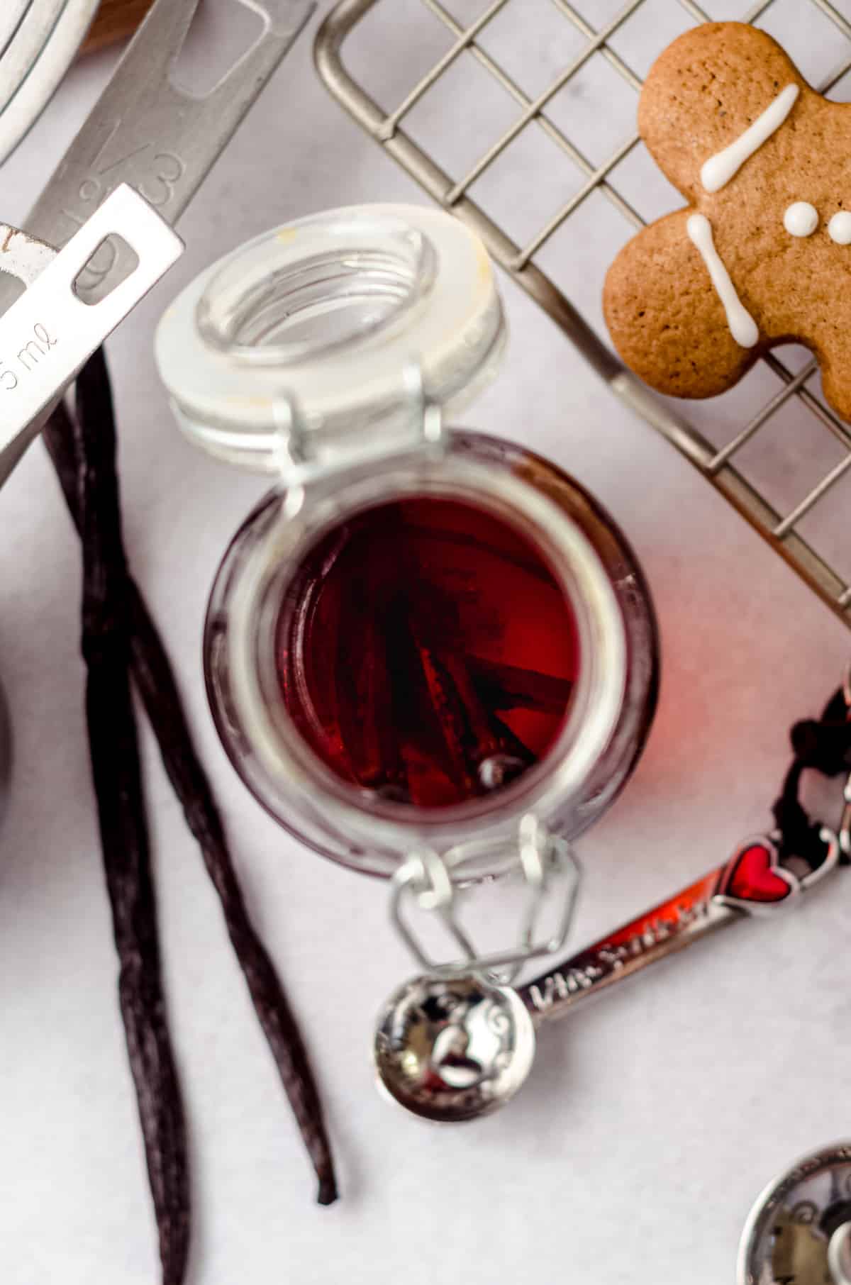 aerial photo of a jar of homemade vanilla extract