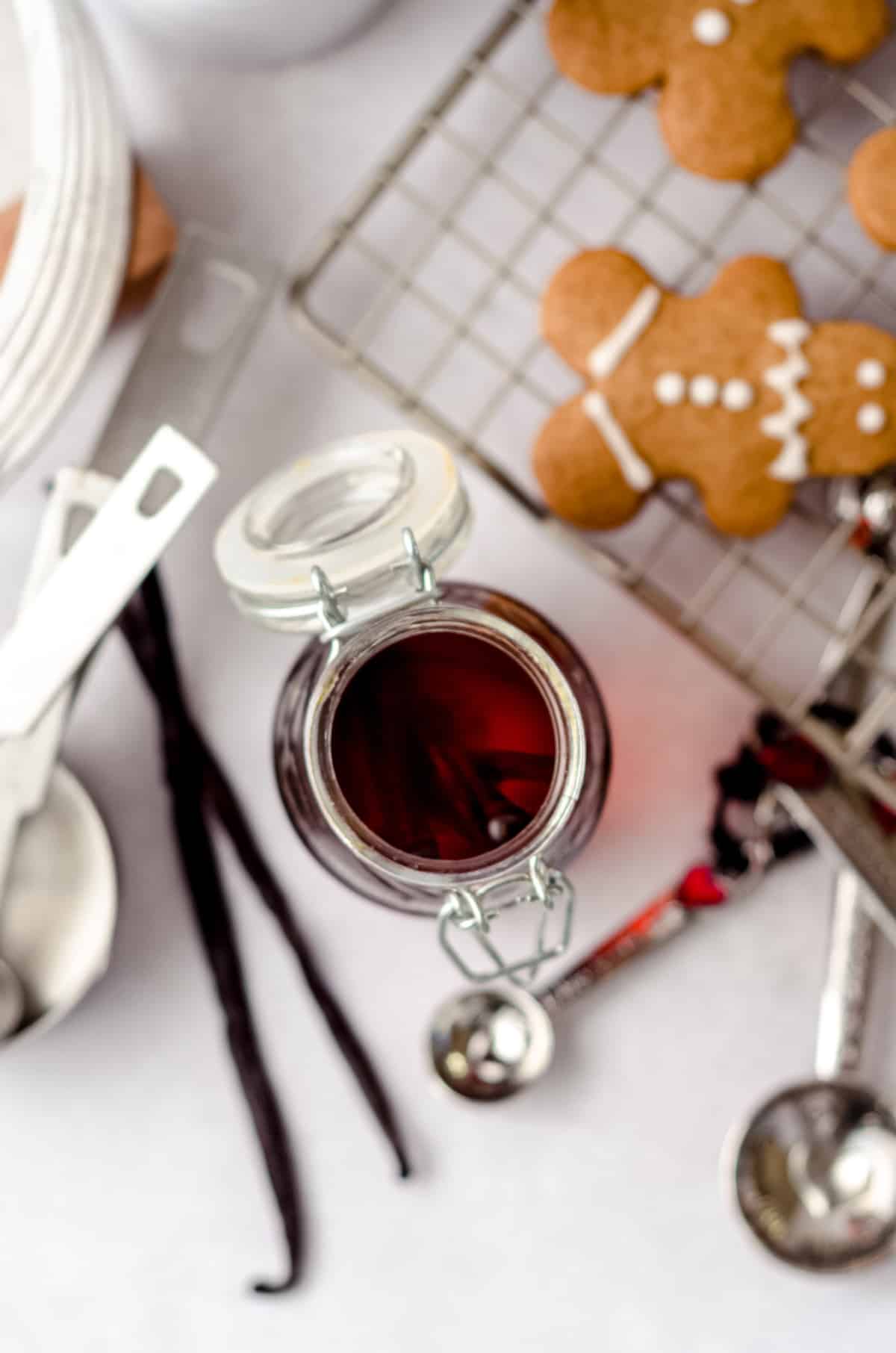 aerial photo of a jar of homemade vanilla extract