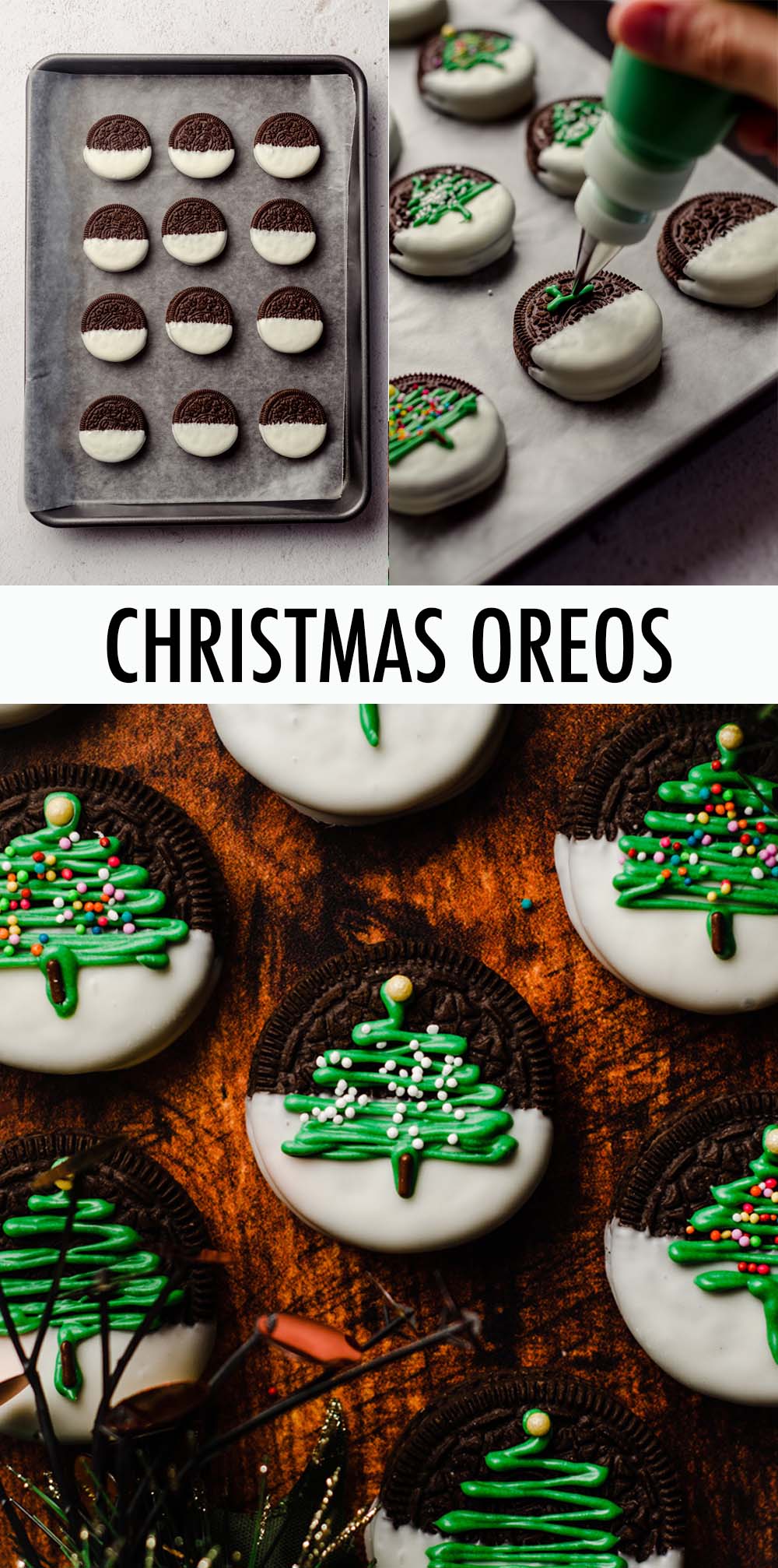 These delightful Christmas Oreos are the perfect holiday treat! Store bought Oreo cookies are dipped into melted white chocolate, decorated with a simple (yet adorable) Christmas tree motif, then sprinkled with colorful nonpareils. via @frshaprilflours
