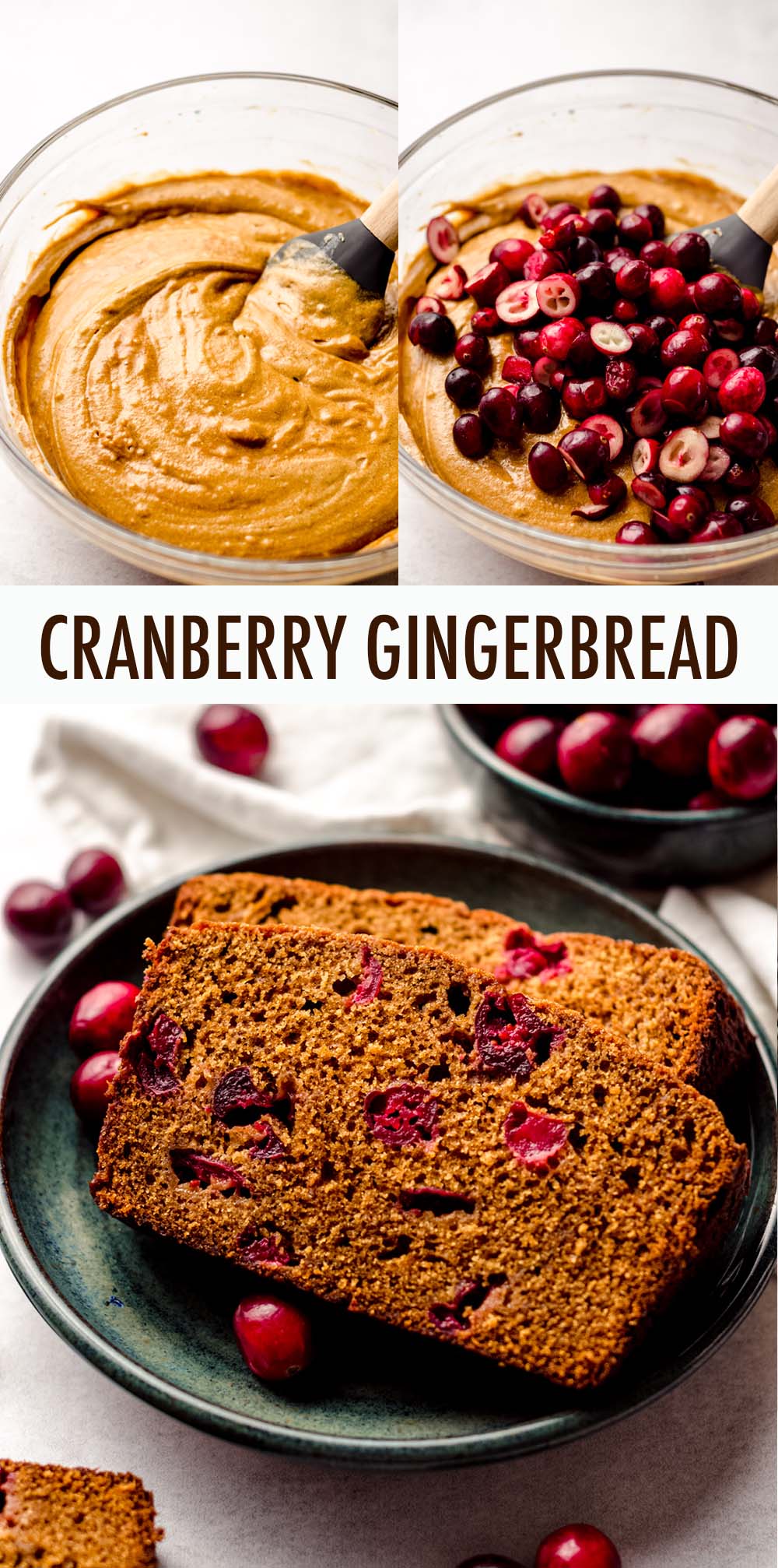 Perfectly tender and spicy gingerbread quick bread studded with tart, juicy cranberries. Perfect for Thanksgiving, Christmas, or any day in between! via @frshaprilflours