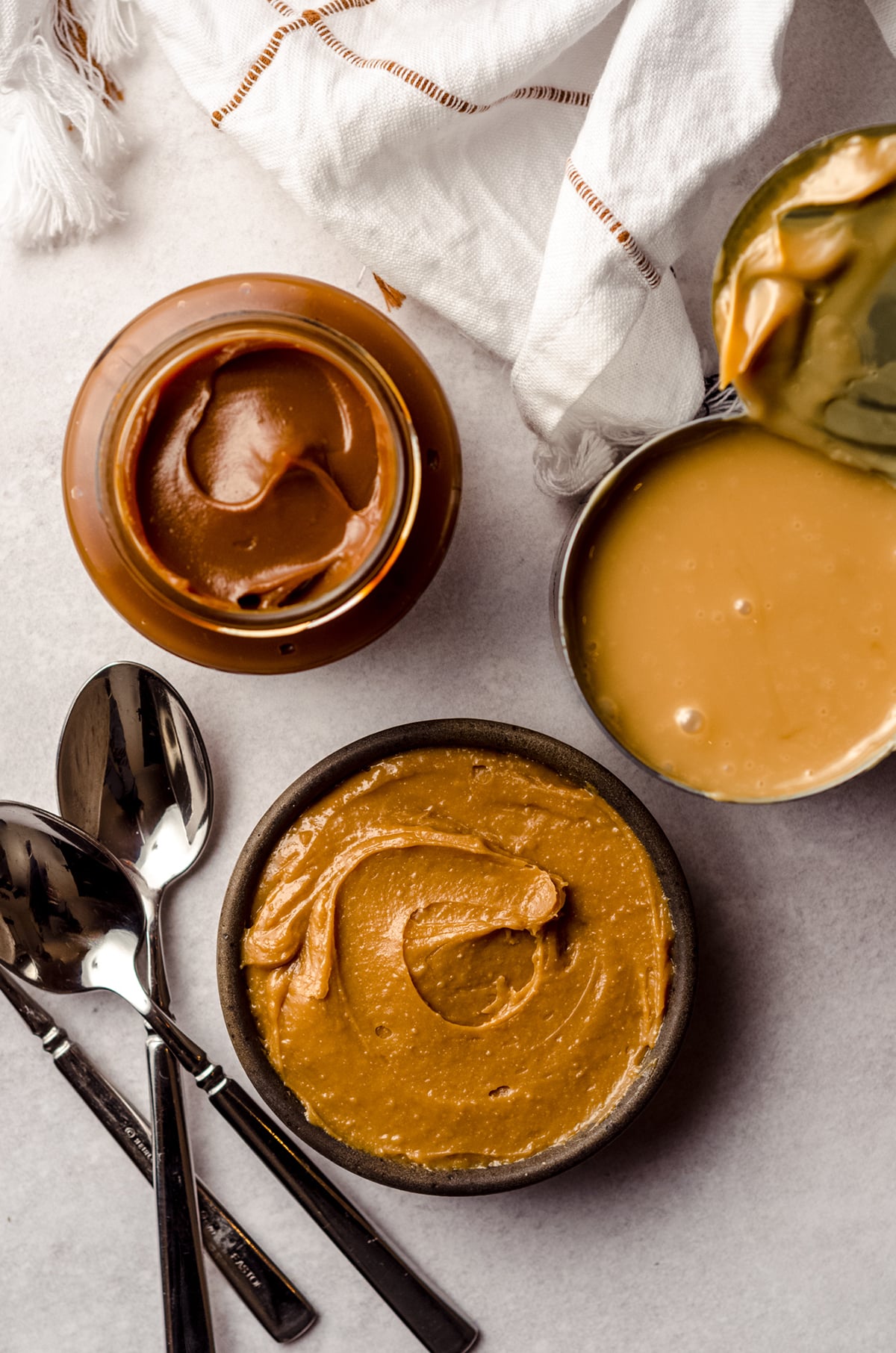 three kinds of dulce de leche-- two homemade and one store-bought-- all are different colors and textures