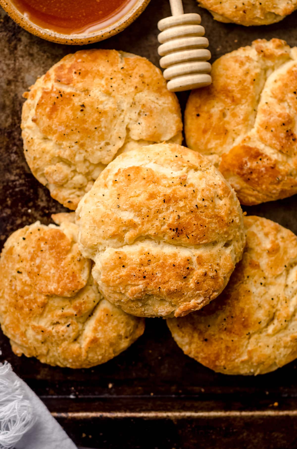 aerial photo of buttermilk biscuits on a baking sheet