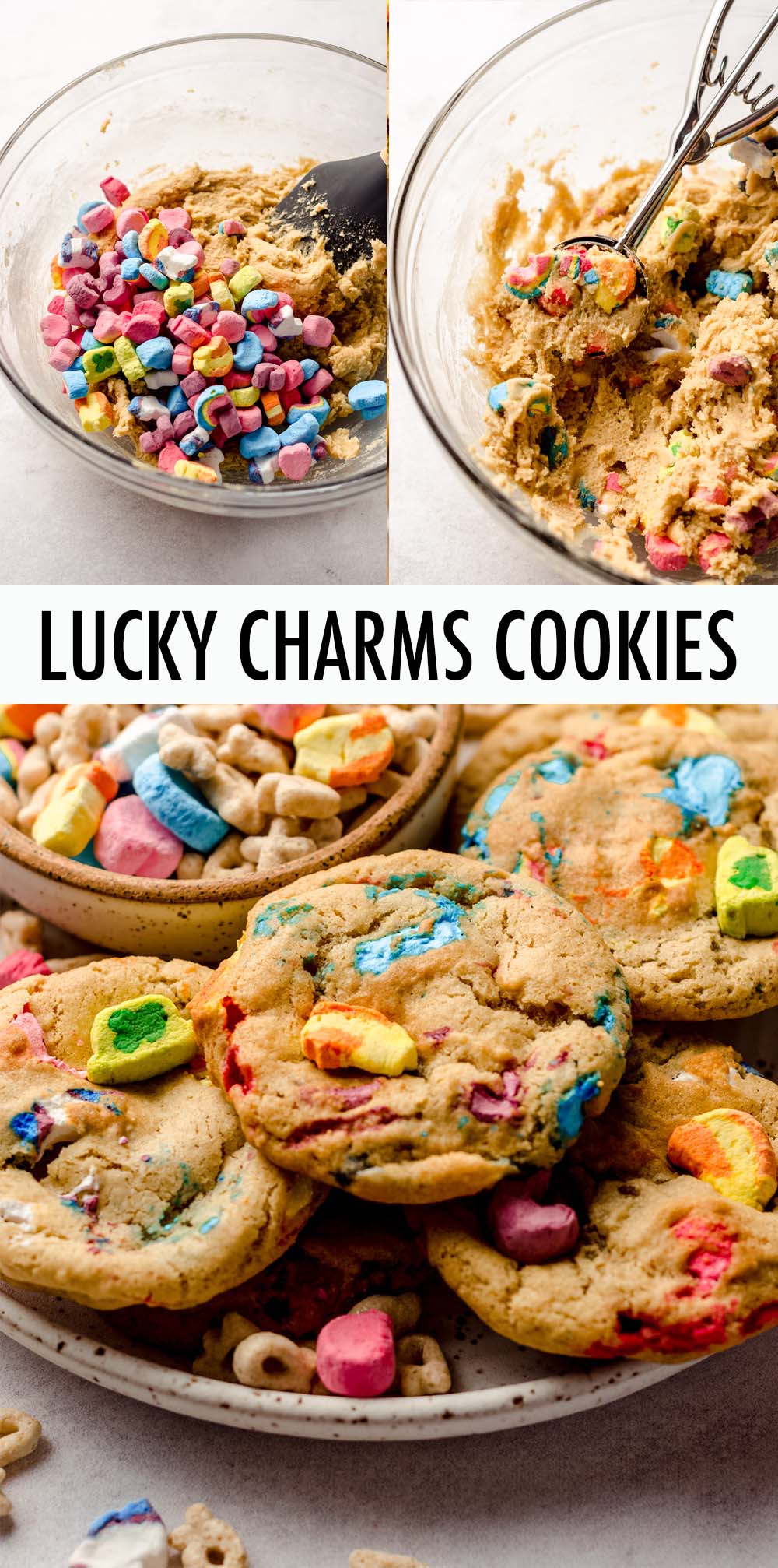 These fun Lucky Charms cookies have slightly crisp edges, light and chewy centers, and are filled to the brim with gooey Lucky Charms marshmallows. Cookies are ready to bake in about 10 minutes and there's no need to chill the dough! via @frshaprilflours