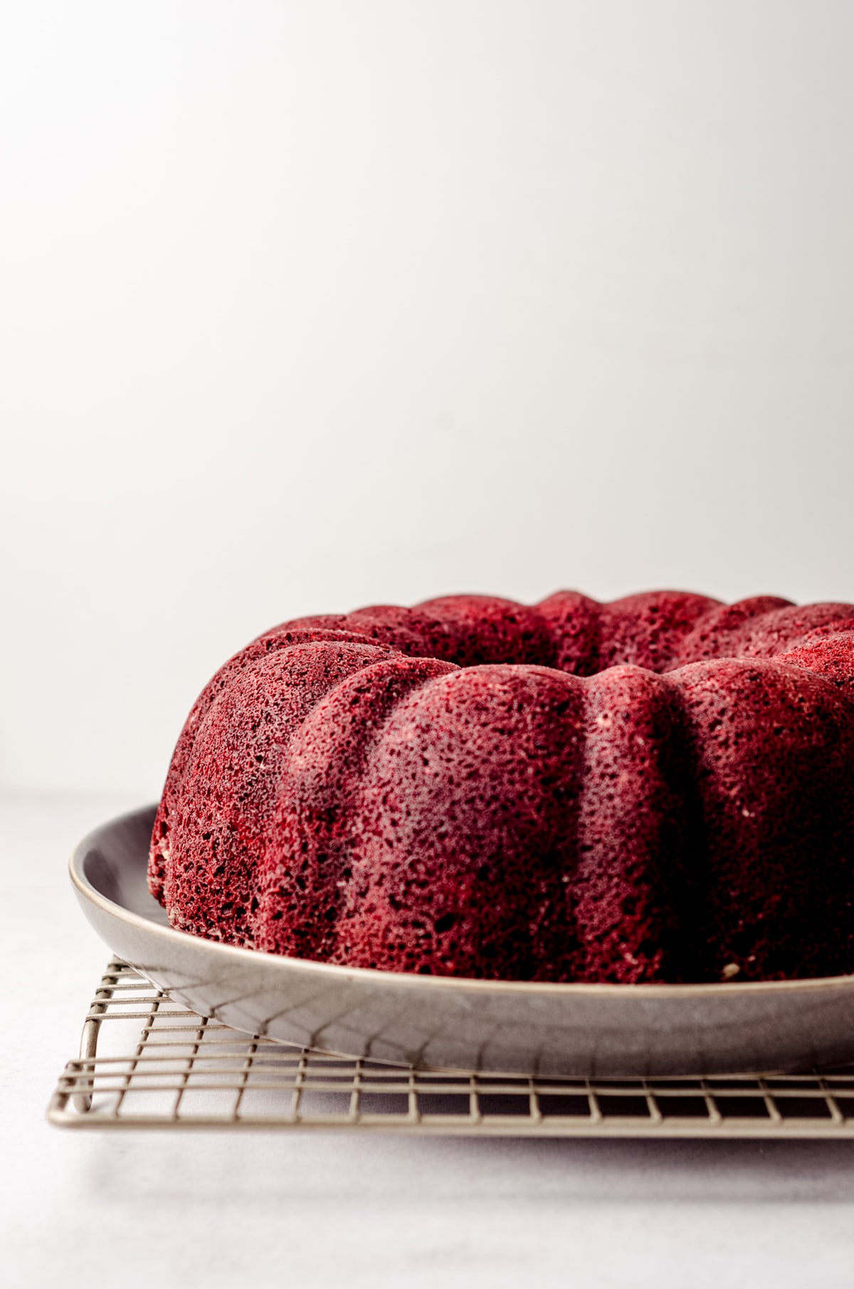 red velvet bundt cake on a plate