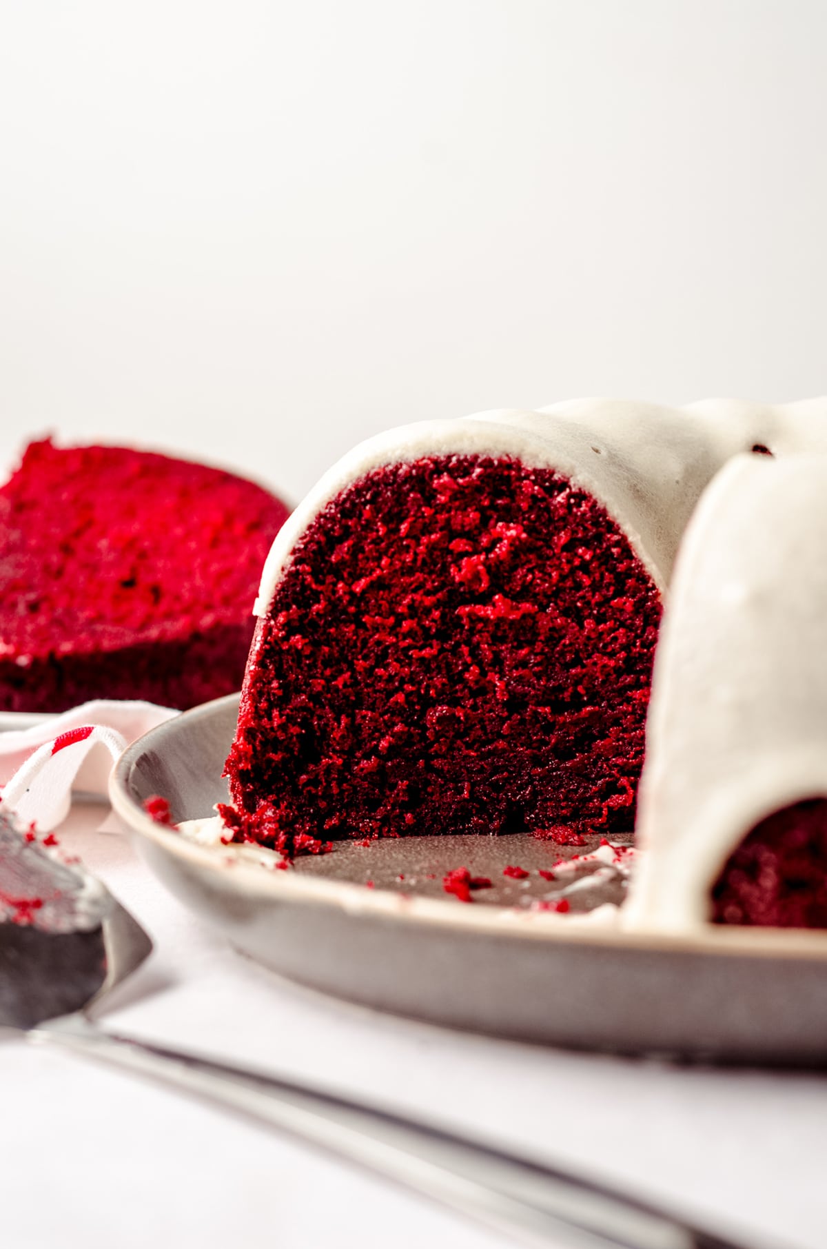 red velvet bundt cake on a plate