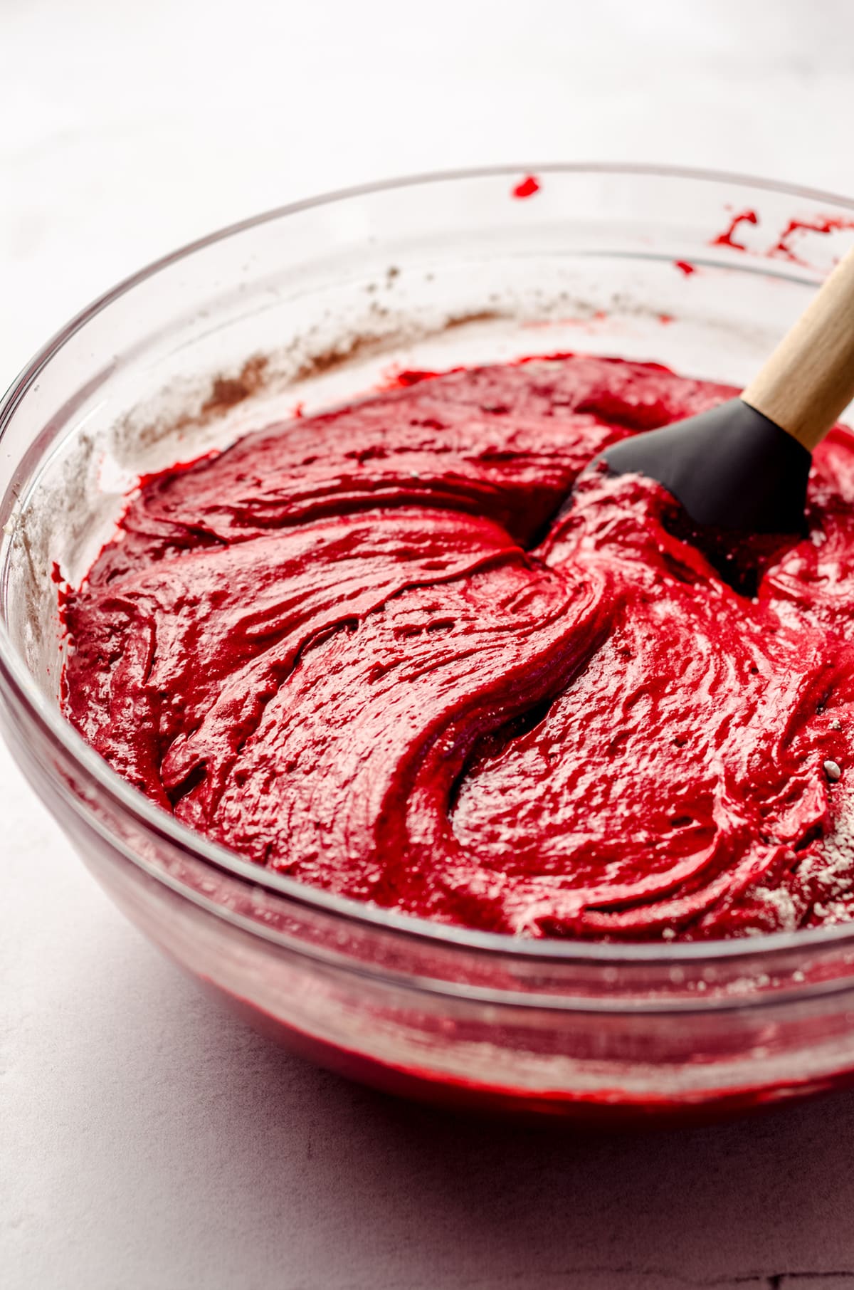 red velvet cake batter in a glass bowl