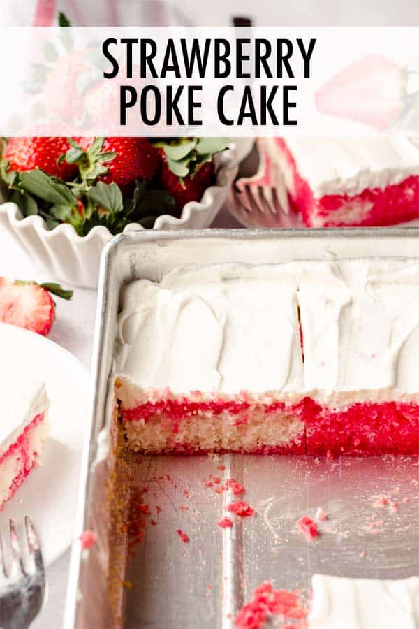 This easy strawberry poke cake features a simple white cake base, flavorful strawberry Jello in every crevice, and light and fluffy whipped cream layered on top. Make this strawberry poke cake even easier by using a box cake mix. via @frshaprilflours