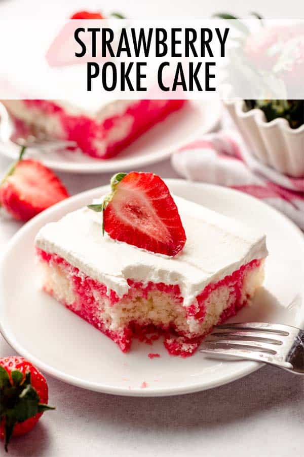This easy strawberry poke cake features a simple white cake base, flavorful strawberry Jello in every crevice, and light and fluffy whipped cream layered on top. Make this strawberry poke cake even easier by using a box cake mix. via @frshaprilflours