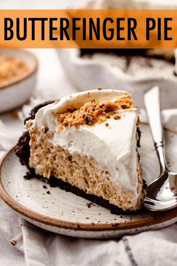 An easy, creamy no bake pie made with a simple Oreo cookie crust and filled with chunks of crushed Butterfinger candy and topped with fluffy homemade whipped cream. via @frshaprilflours