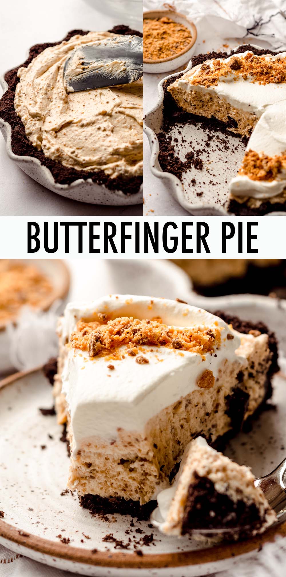 An easy, creamy no bake pie made with a simple Oreo cookie crust and filled with chunks of crushed Butterfinger candy and topped with fluffy homemade whipped cream. via @frshaprilflours
