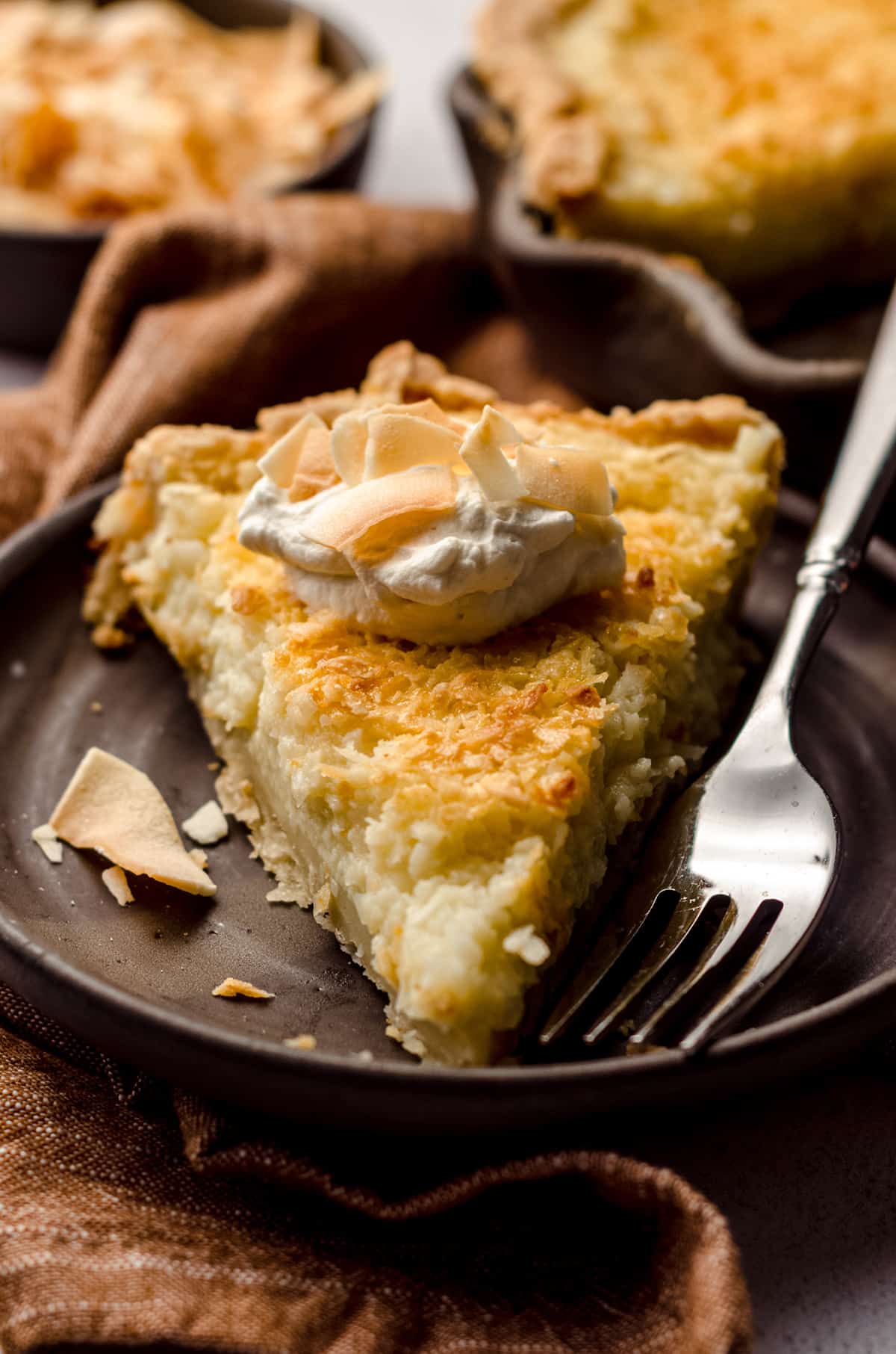 A slice of custard pie, topped with shredded coconut and a dollop of whipped cream.