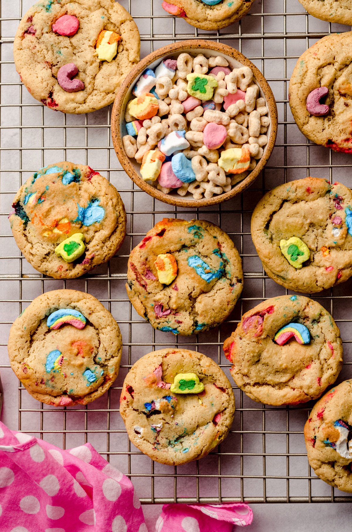 lucky charms cookies on a wire cooling rack