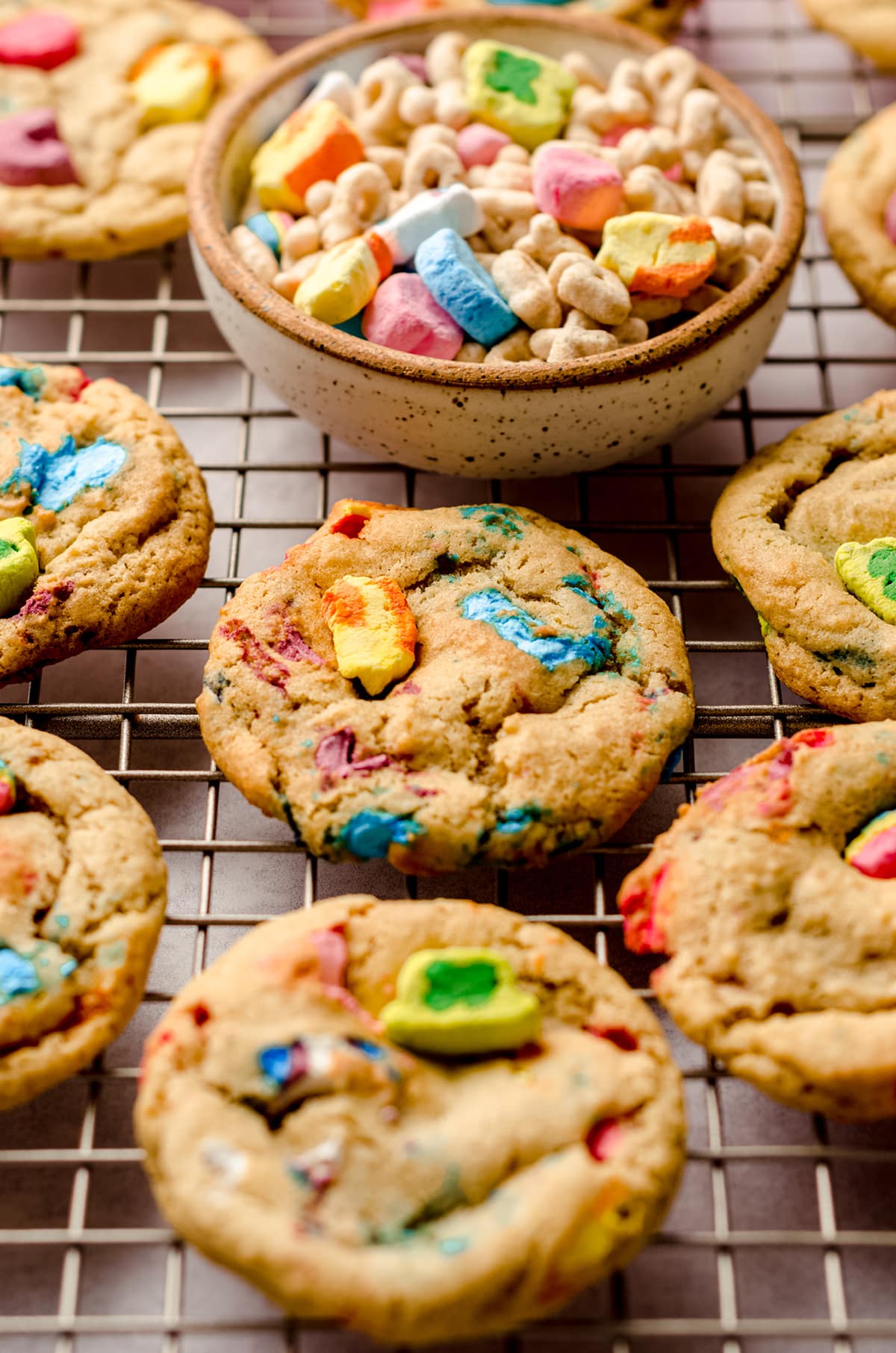 lucky charms cookies on a cooling rack