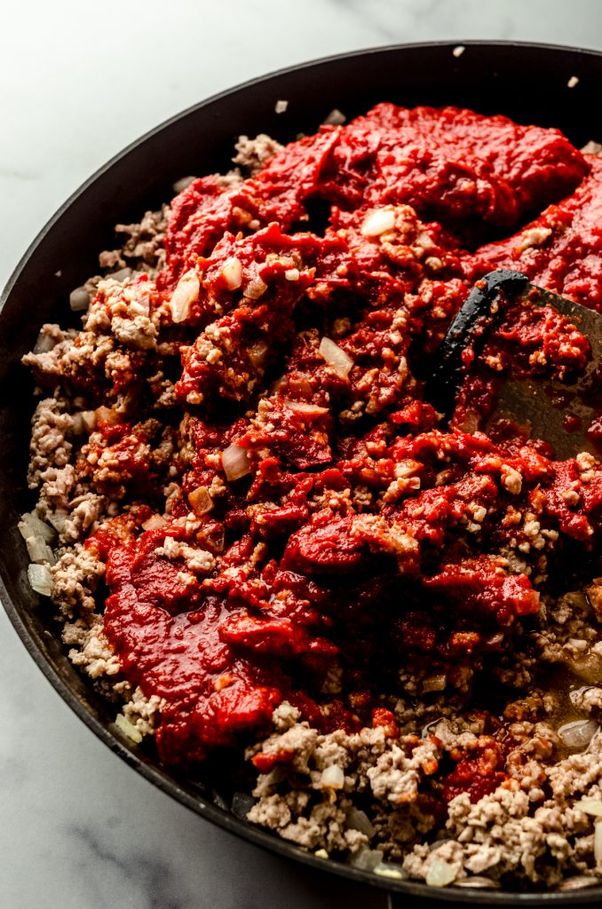 Homemade meat sauce in a saucepan.